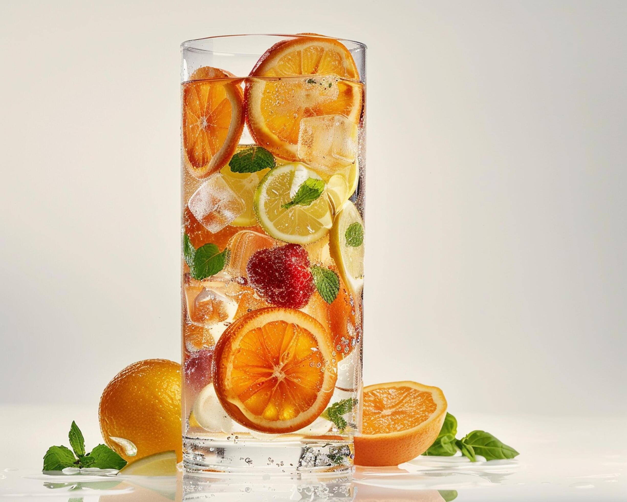 a tall glass filled with fruit and ice Stock Free