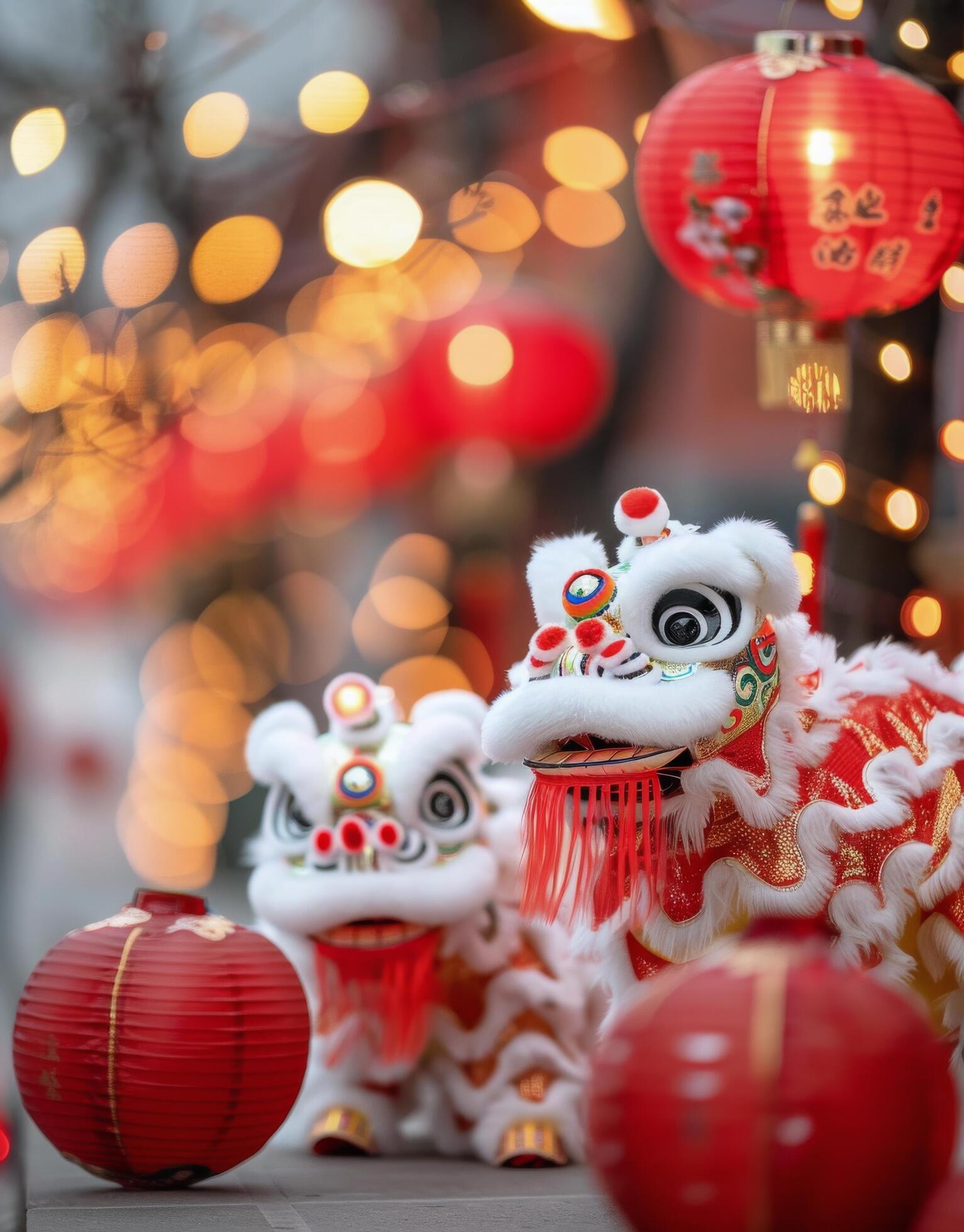 Traditional Lion Dance Performance During Lunar New Year Celebrations in Chinatown Stock Free