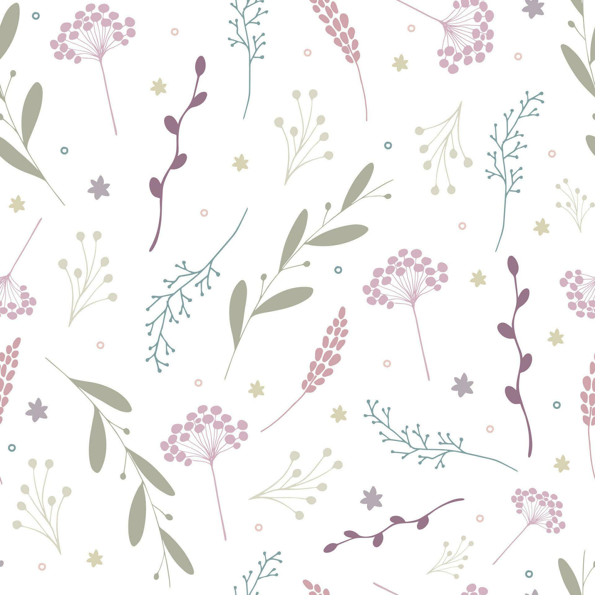 Pastel colored botanical seamless pattern. Flowers, leaves and branches on white background. Vector illustration Stock Free