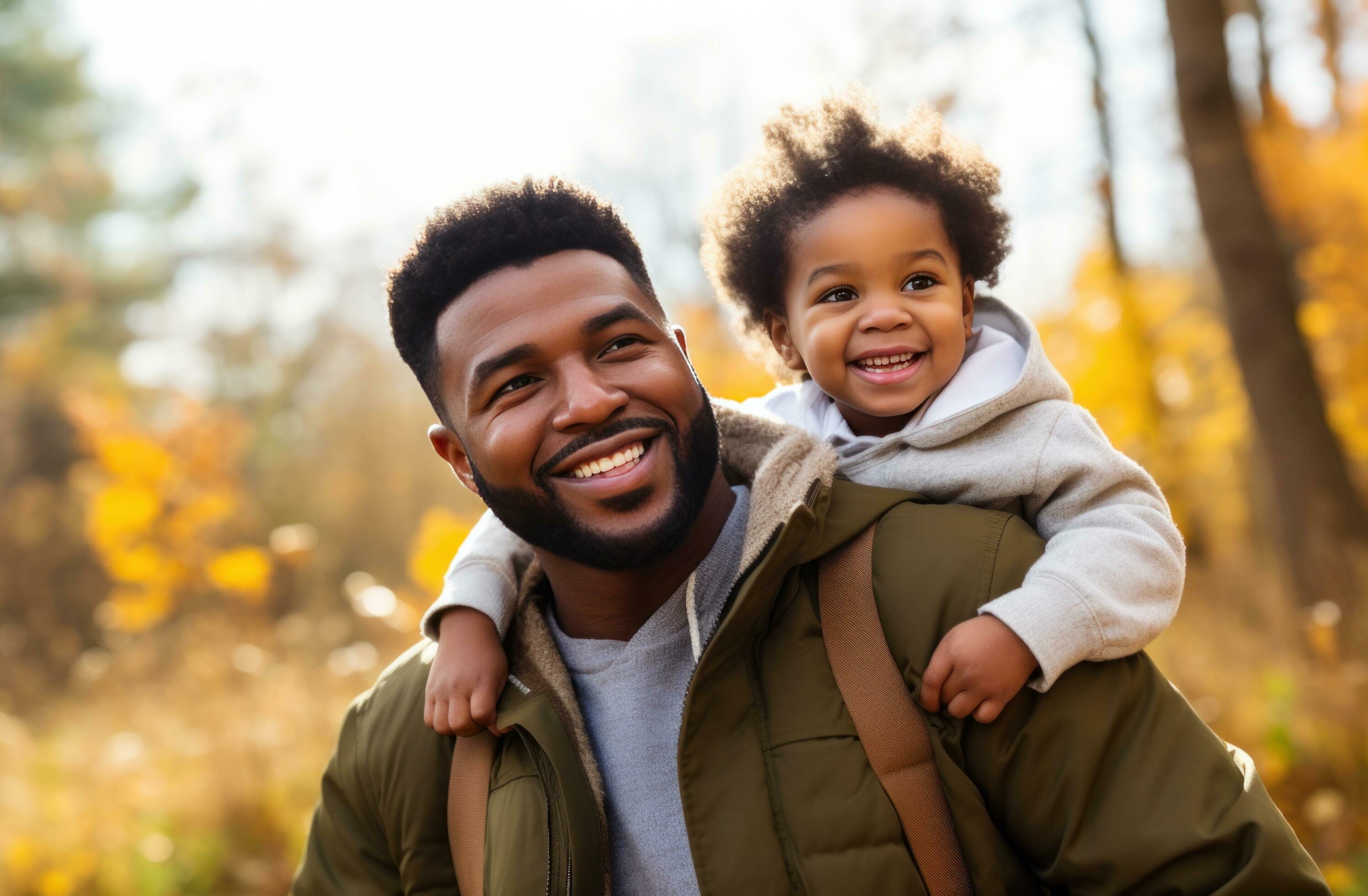 AI generated black african dad and daughter in the nature happy family Stock Free