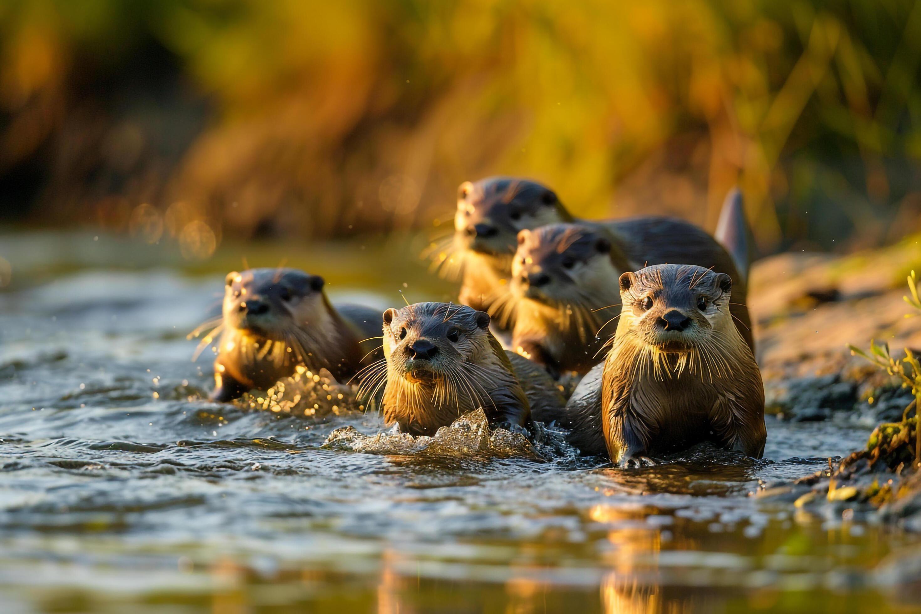 Otter Family in Water Background Stock Free