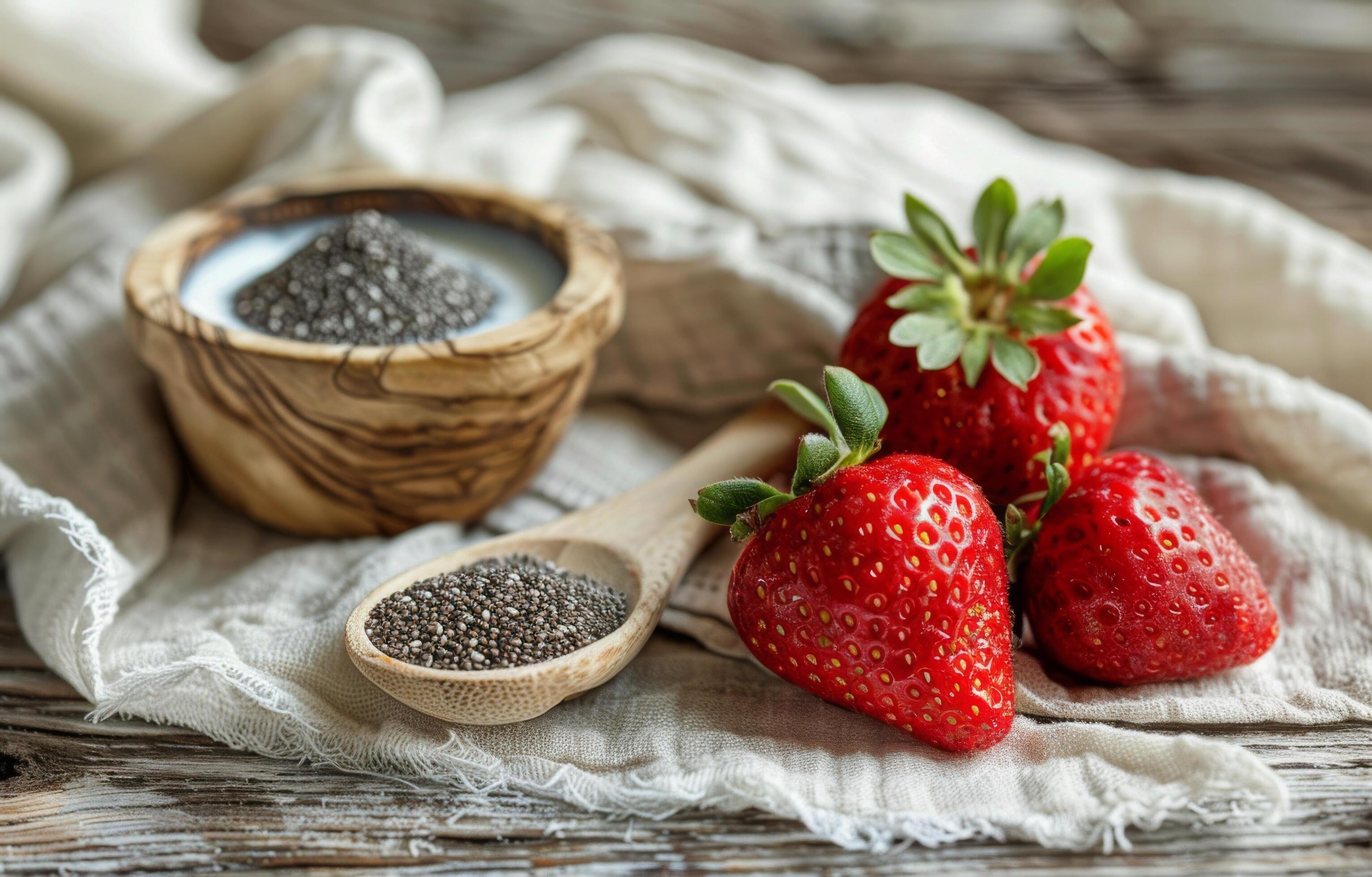 Fresh Strawberries and Chia Seeds on Rustic Wooden Table Stock Free