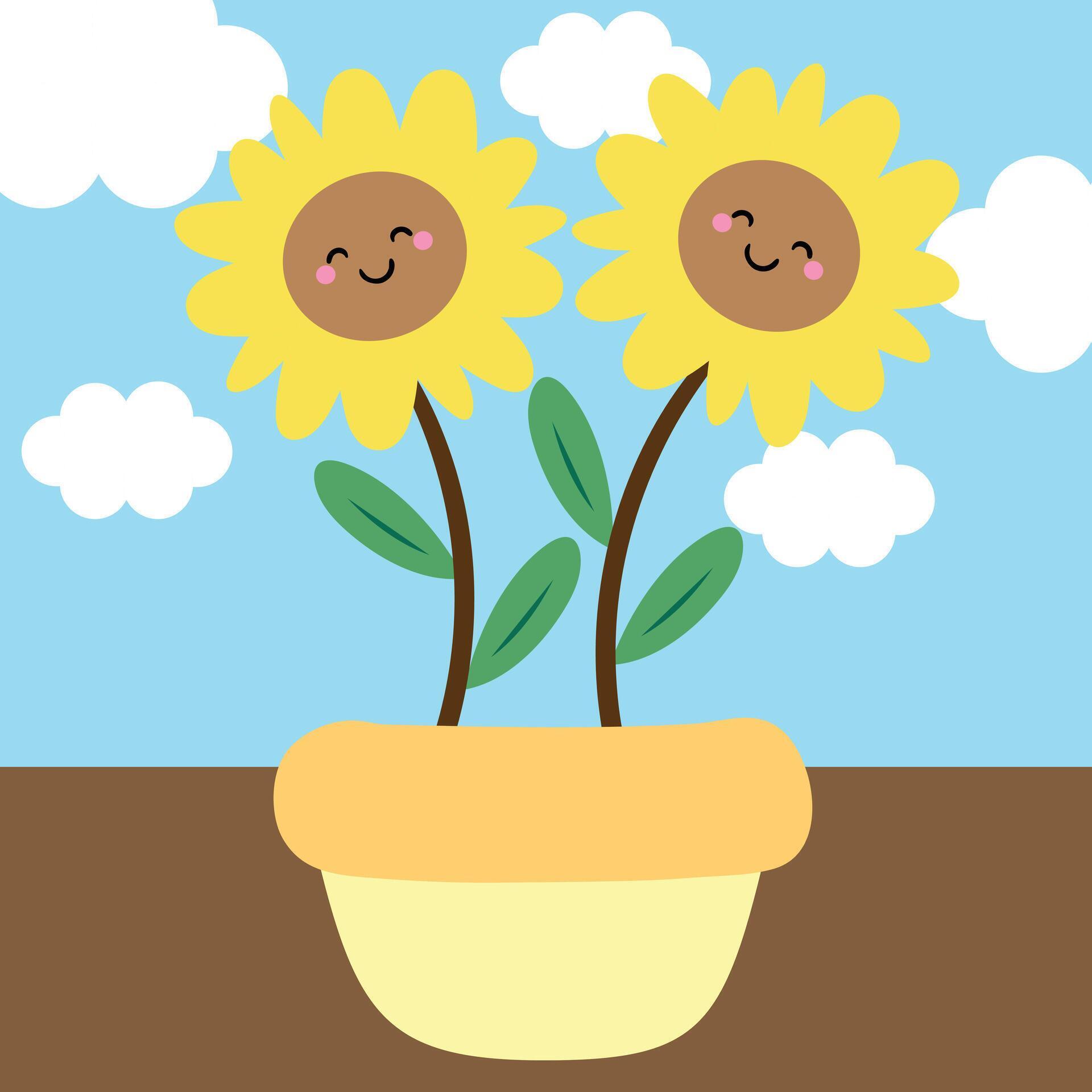 Illustration of sunflowers in a pot with cute handwriting. cute flower wallpapers, backgrounds and cards Stock Free