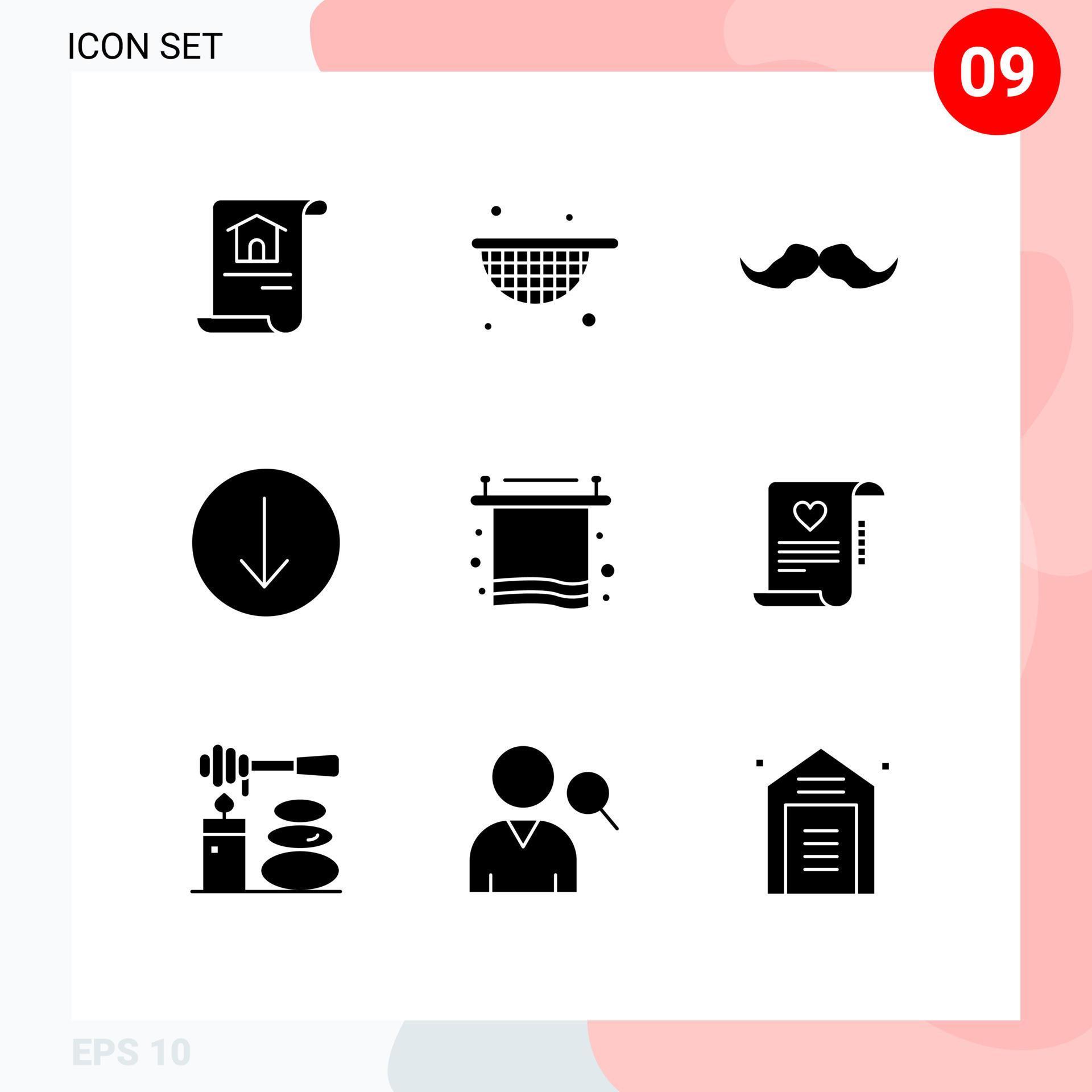 Set of 9 Vector Solid Glyphs on Grid for towel bath hipster down arrow Editable Vector Design Elements Stock Free