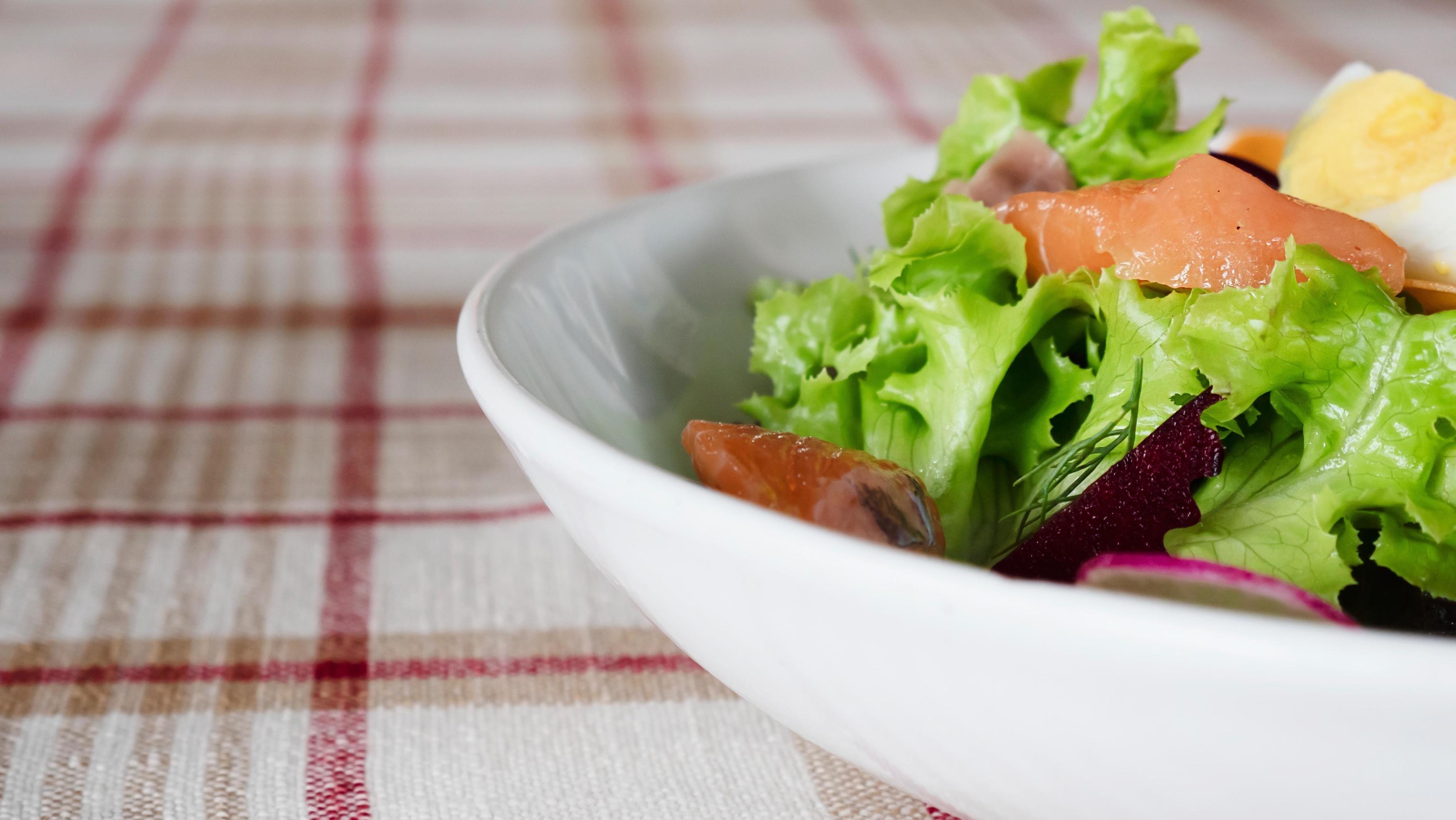 Fresh salmon vegetable healthy salad on white plate ready for eating – fresh clean healthy food recipe for background use Stock Free