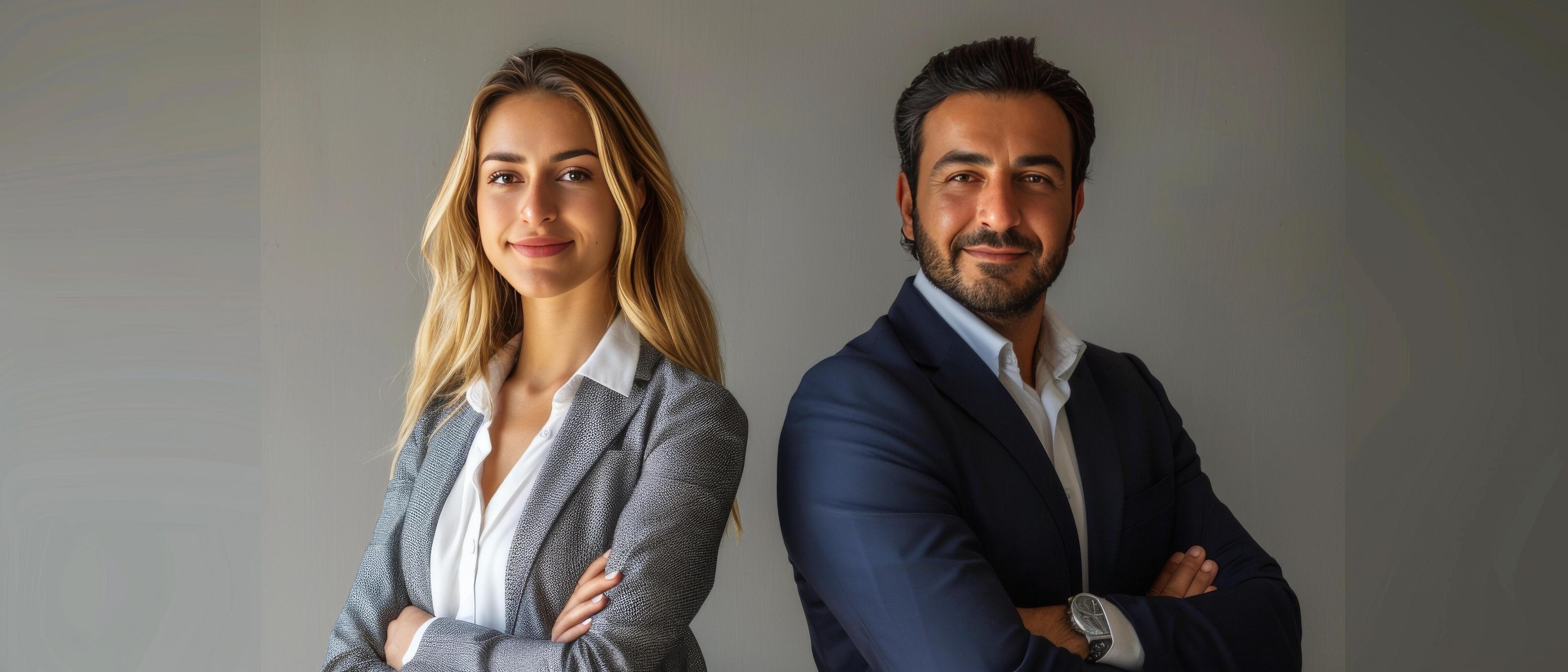 Two Business People in Front of Gray Background Stock Free