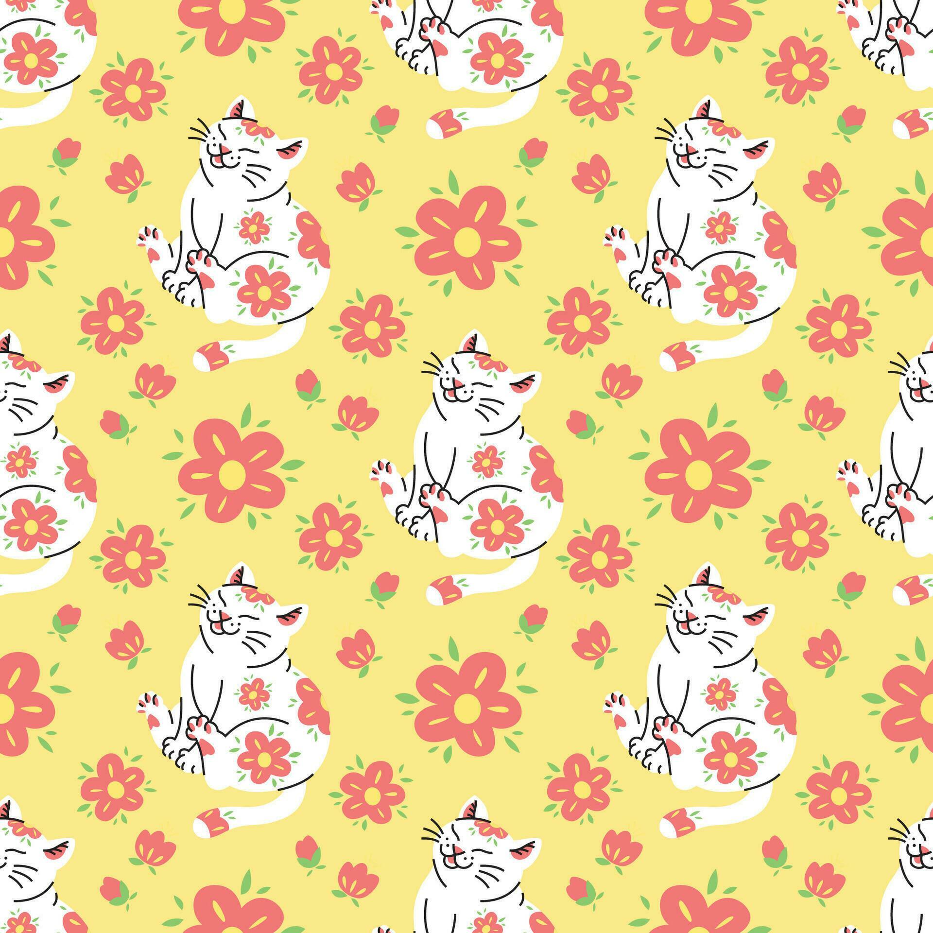 CUTE WHITE CAT WITH RED FLOWERS IN YELLOW BACKGROUND SEAMLESS PATTERN DESIGN. Stock Free