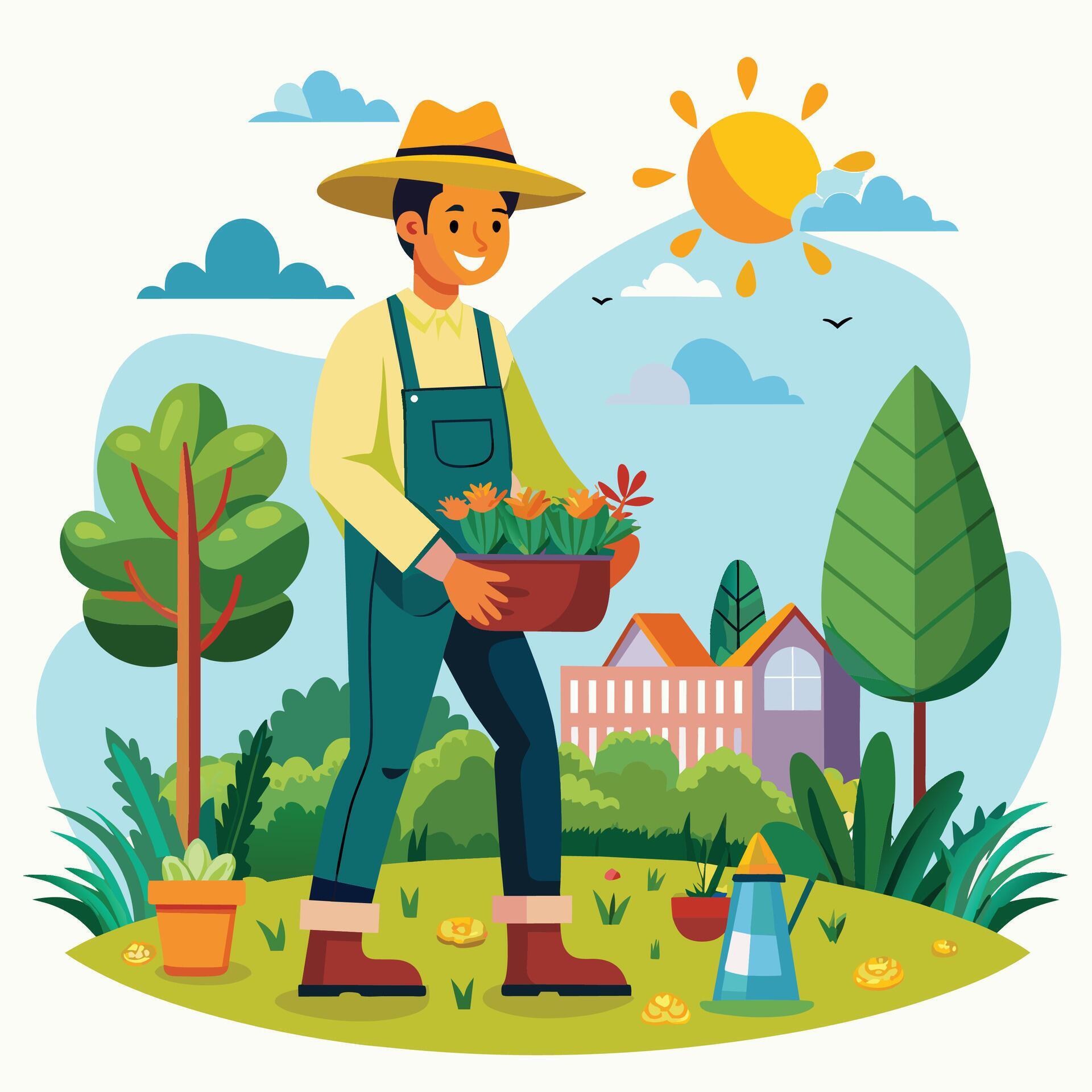 Gardening. Vector illustration in flat style. Man gardener with a basket of flowers. Stock Free