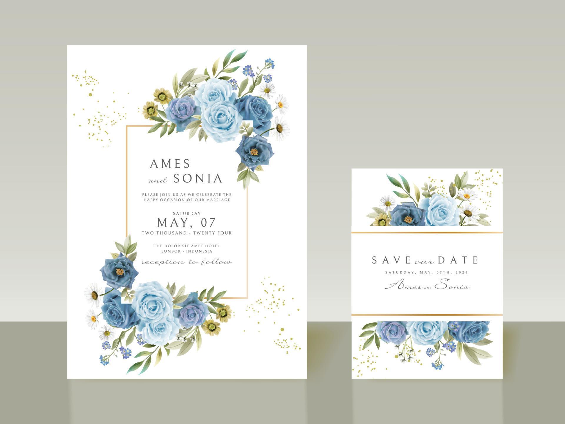 Elegant blue flowers wedding invitations Stock Free