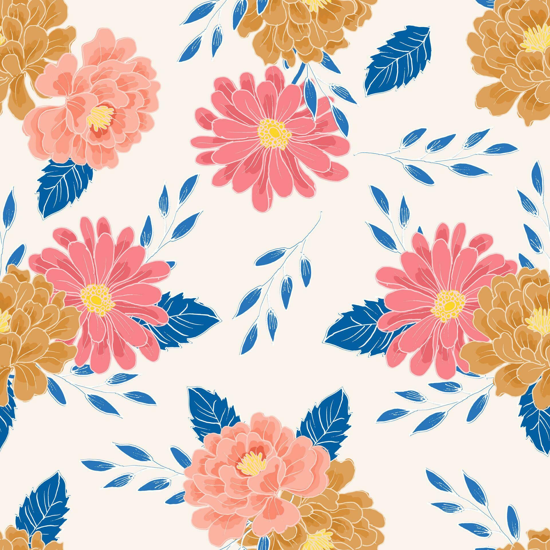 Hand Drawn Aster and Rose Flower Seamless Pattern Stock Free