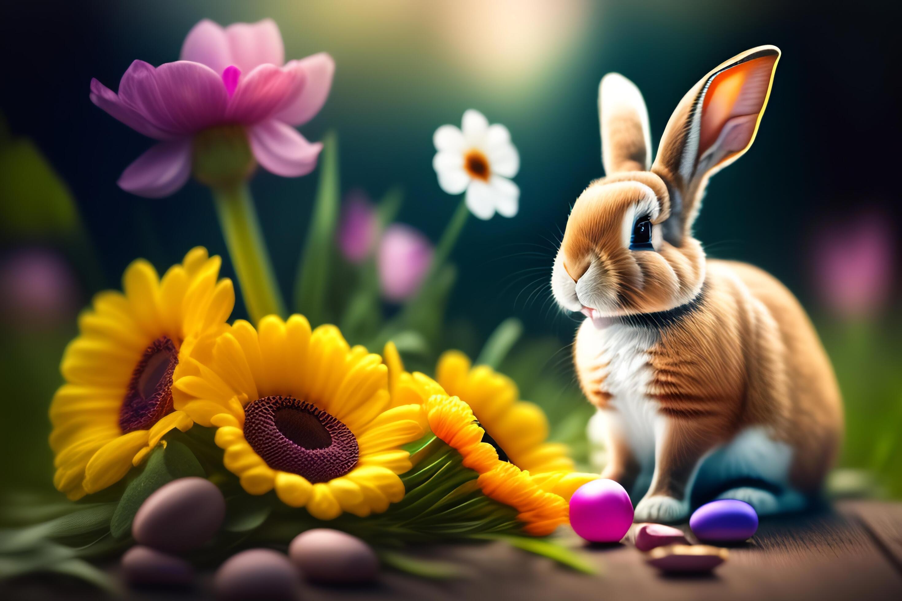 Easter bunny with flowers and easter eggs on wooden background. Stock Free