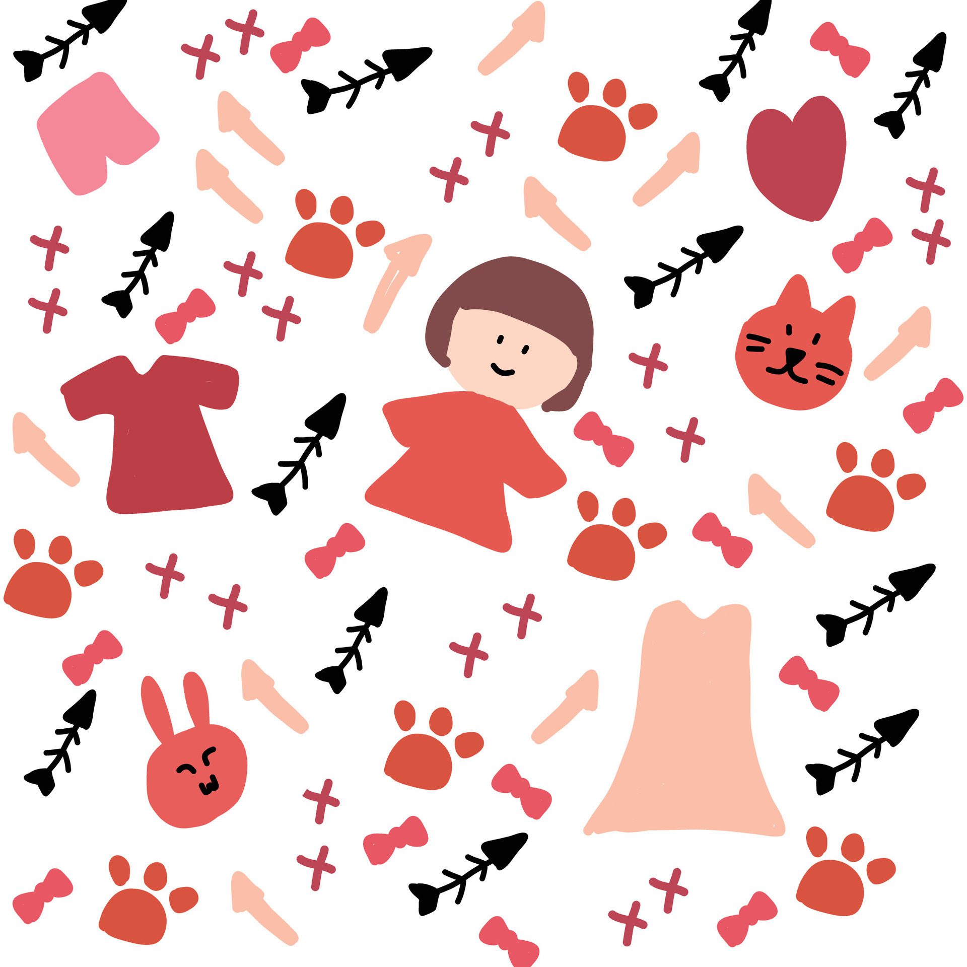 children drawing girl and cat pattern illustration Free Vector