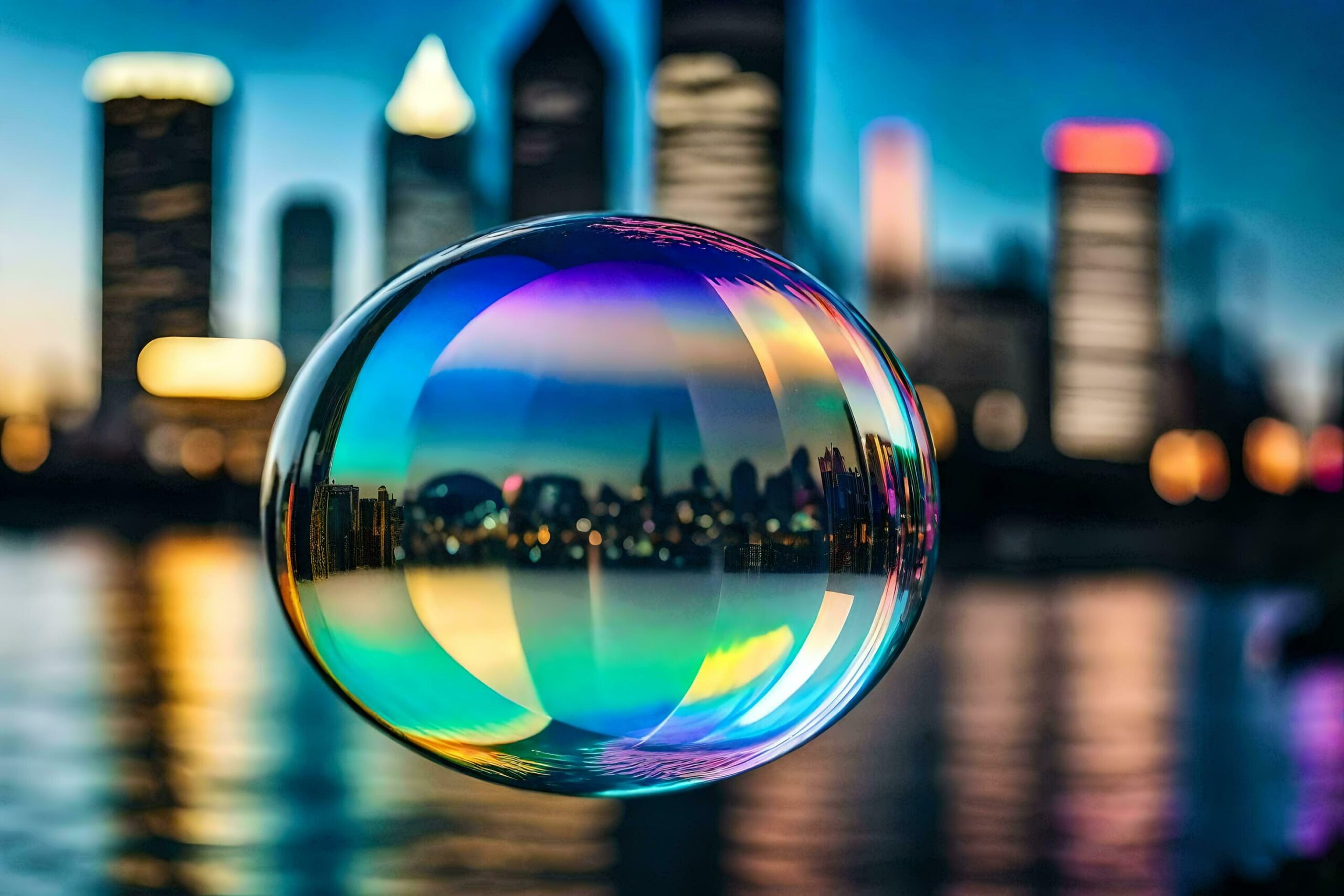 a colorful bubble with a city skyline in the background Free Photo