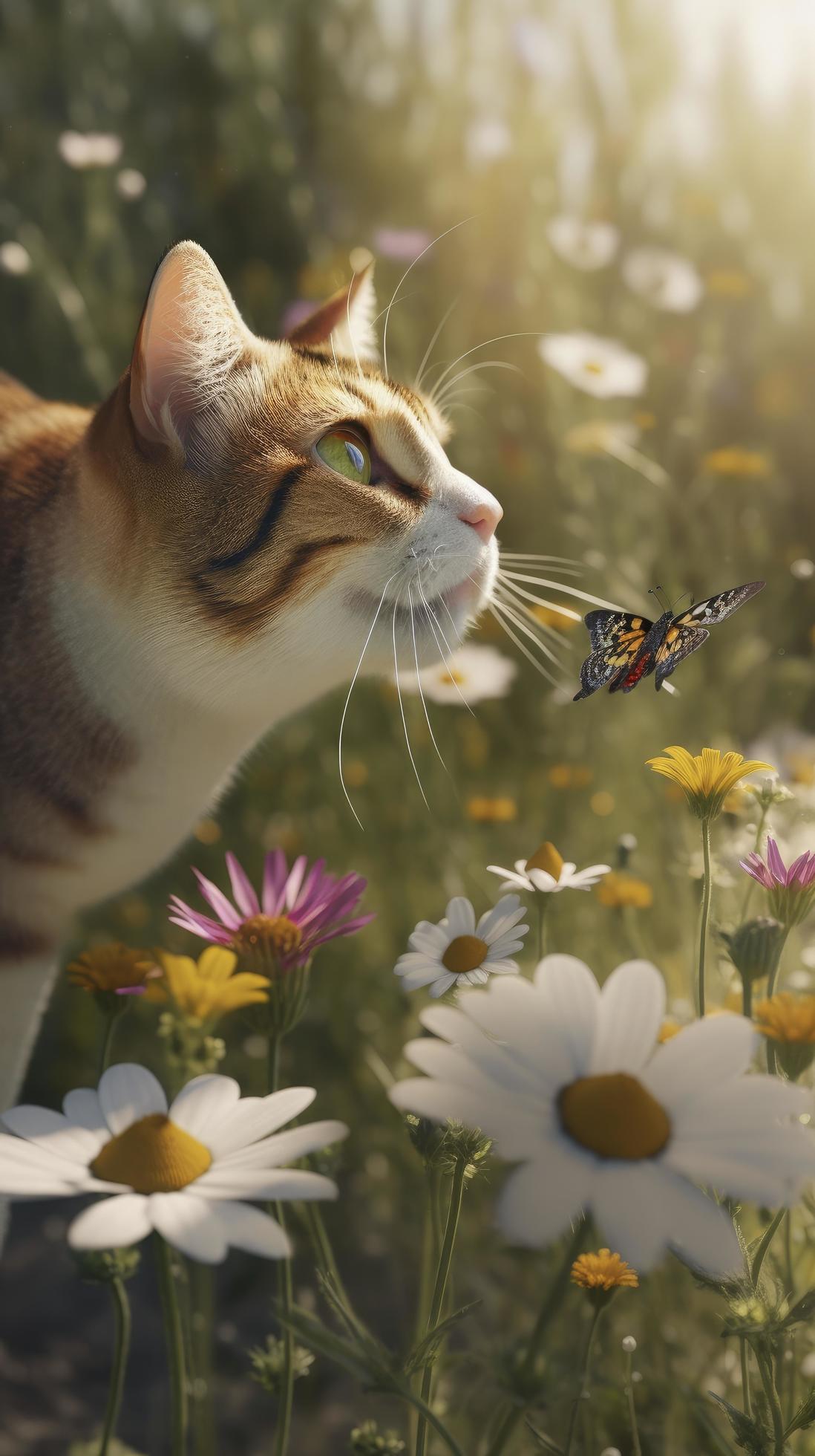 A playful cat chasing a butterfly around a garden full of flowers, Generate Ai Stock Free