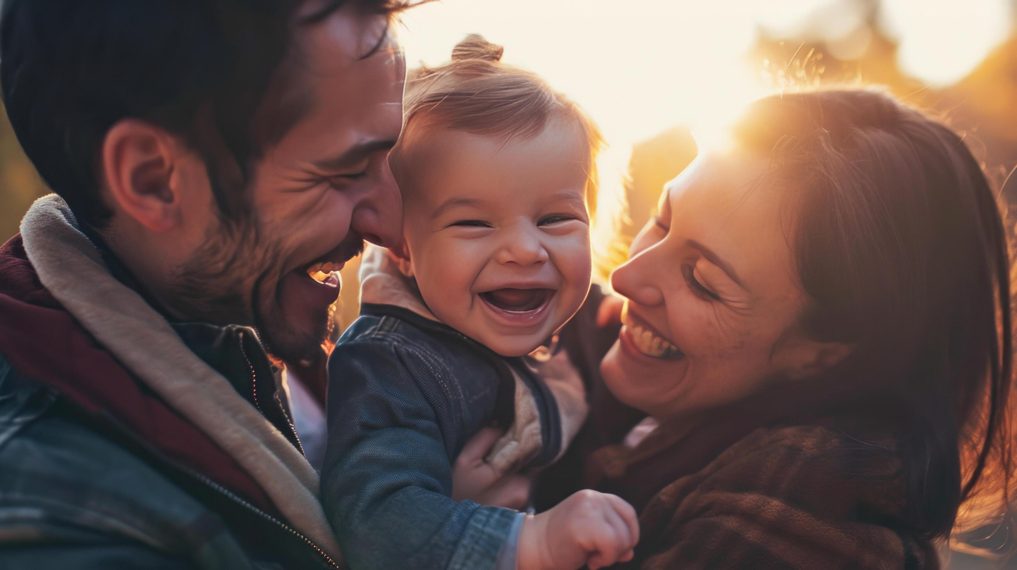 AI generated a smiling family holding a toddler smiling in the middle of it Stock Free