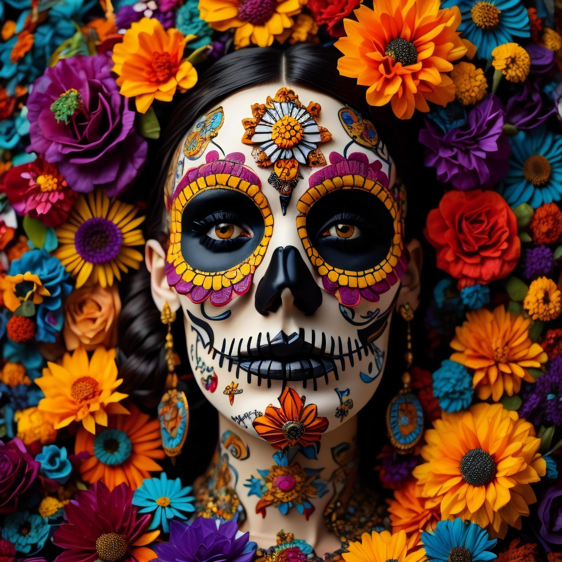 Day of the Dead sugar skull woman with colorful flowers background, close up. Stock Free