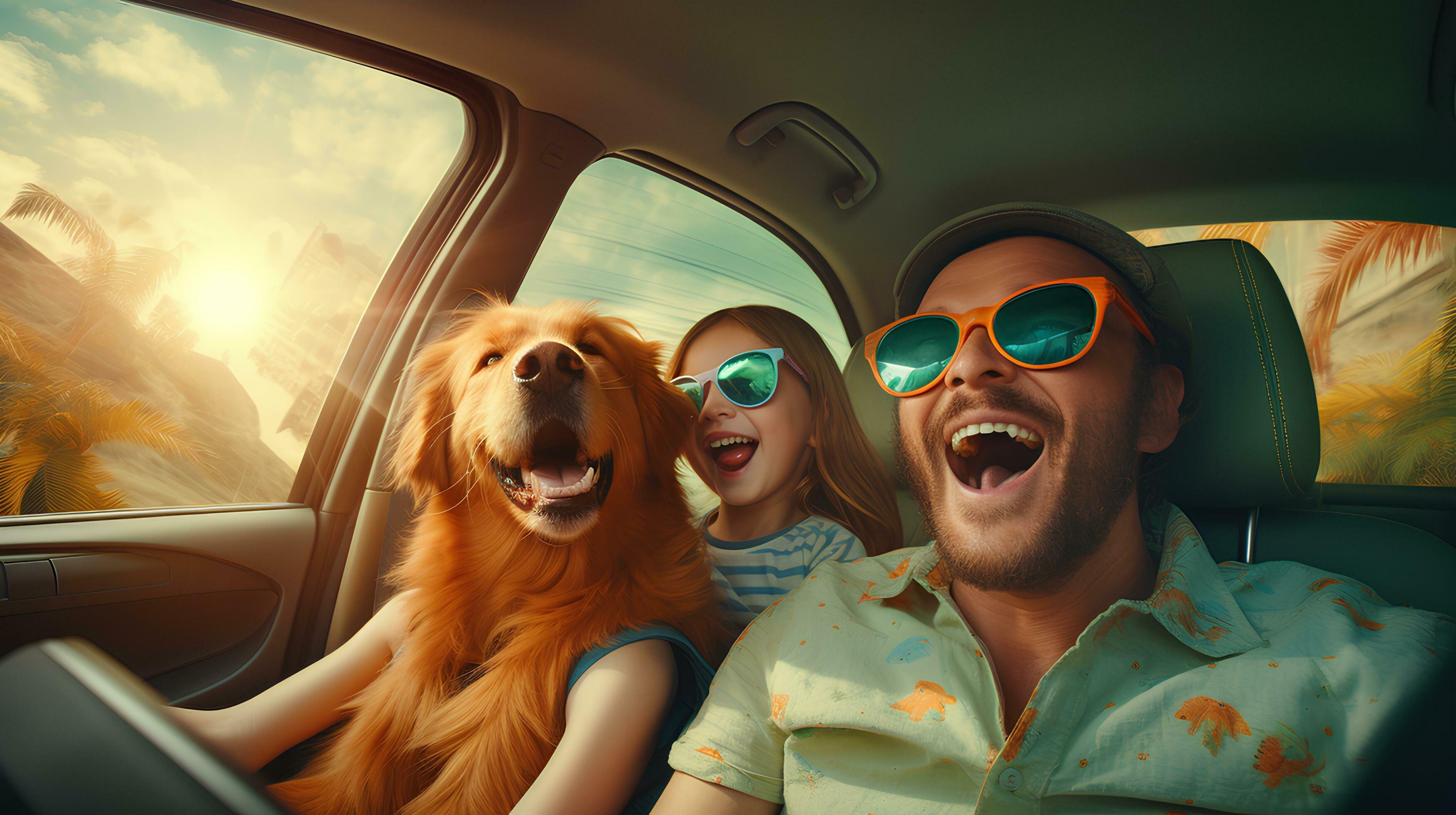 Family of father and daughter with dog driving away on vacation.created by generative AI Stock Free