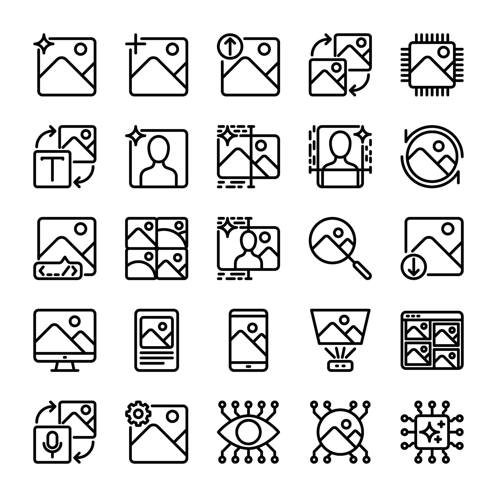 AI image generated icon collection in line style for the development of artificial intelligence technology Free Vector