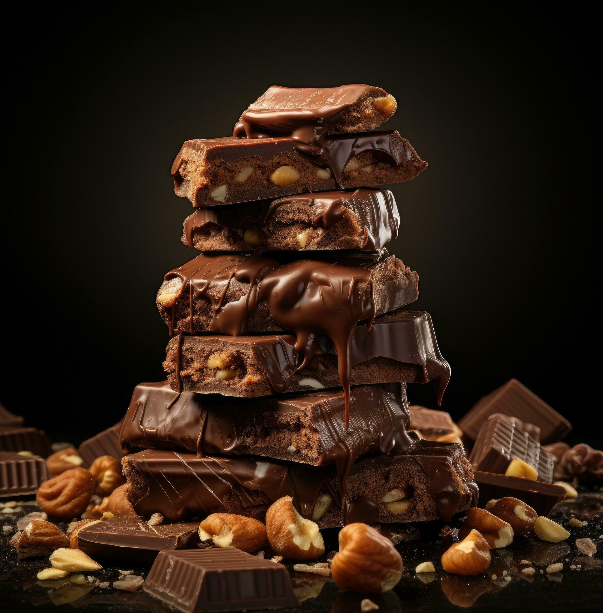 a stack of chocolate bars with nuts on top Free Photo