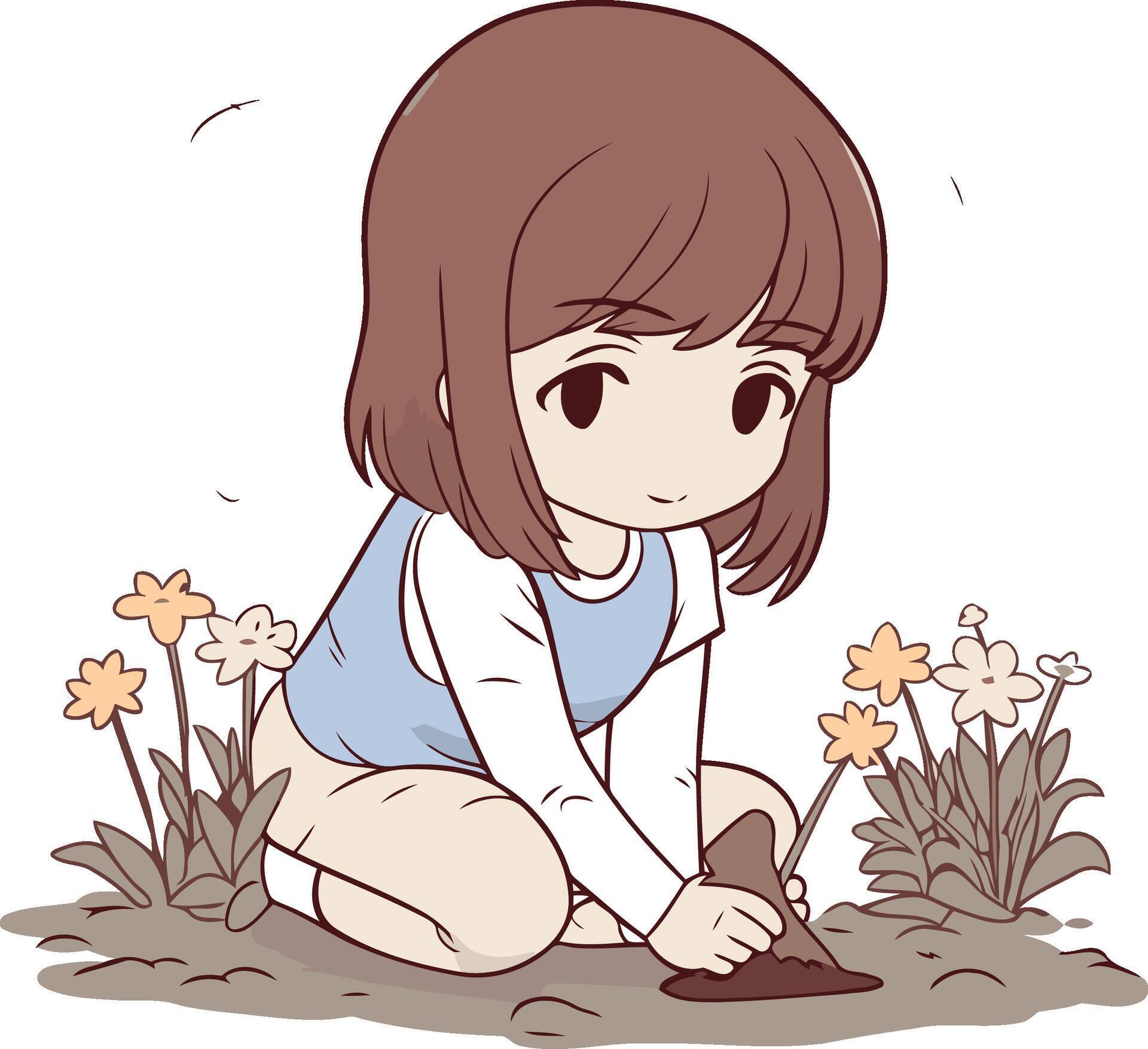 Illustration of a Cute Little Girl Planting Flowers in the Garden Stock Free