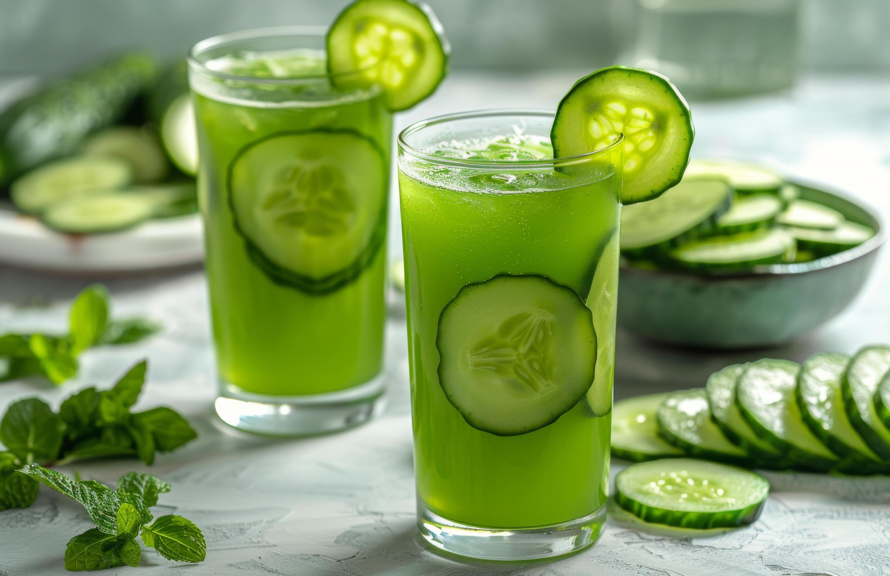 Refreshing Cucumber Juice With Sliced Cucumbers on a White Surface Stock Free