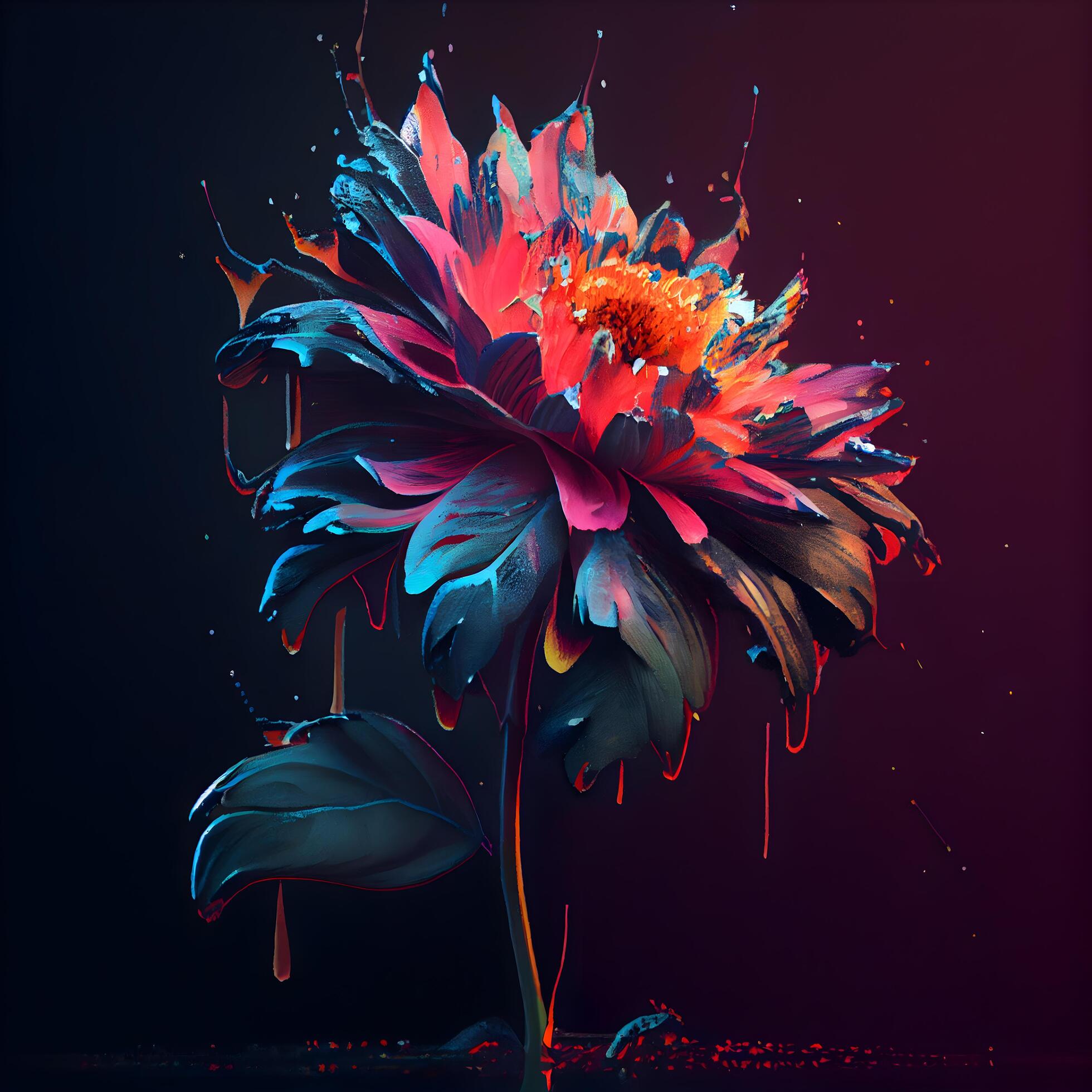 Colorful flower with watercolor splashes on dark background. 3d illustration, Image Stock Free