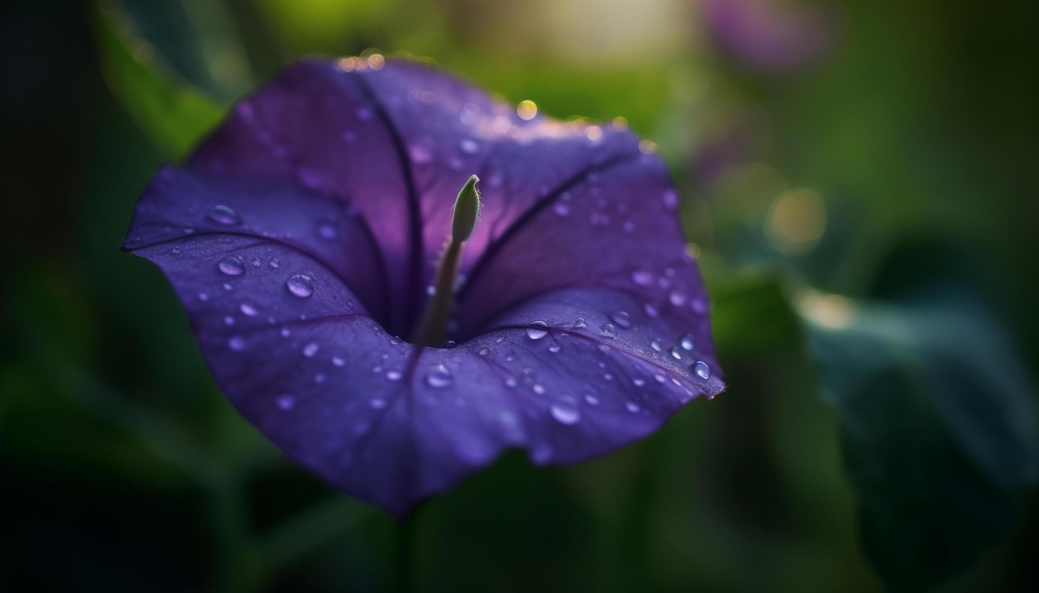 The fragile beauty of a wet purple flower in autumn generated by AI Stock Free