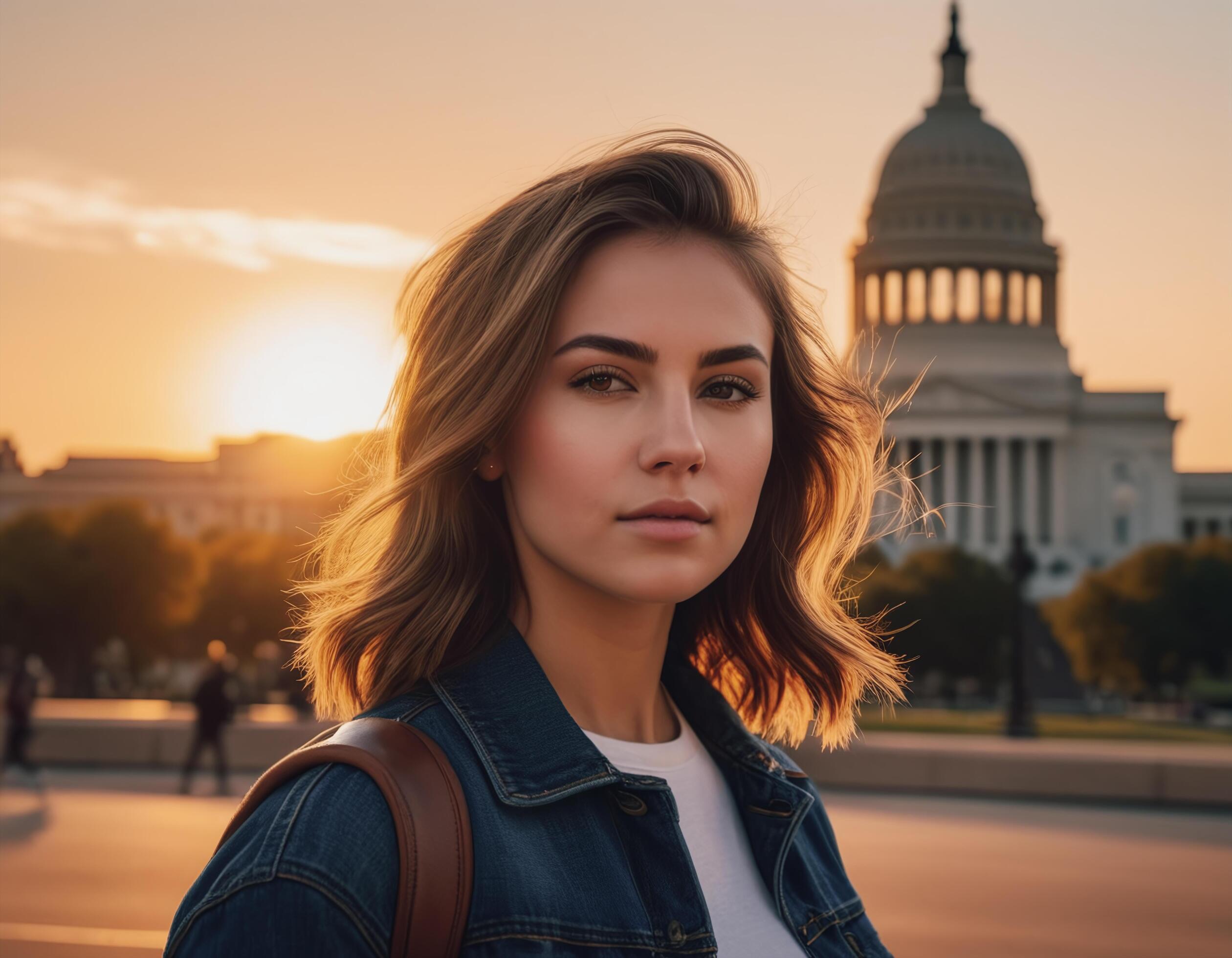 A woman stands in front of an American flag with the sun setting behind her. She is wearing a blue shirt and has her hair in a ponytail Stock Free