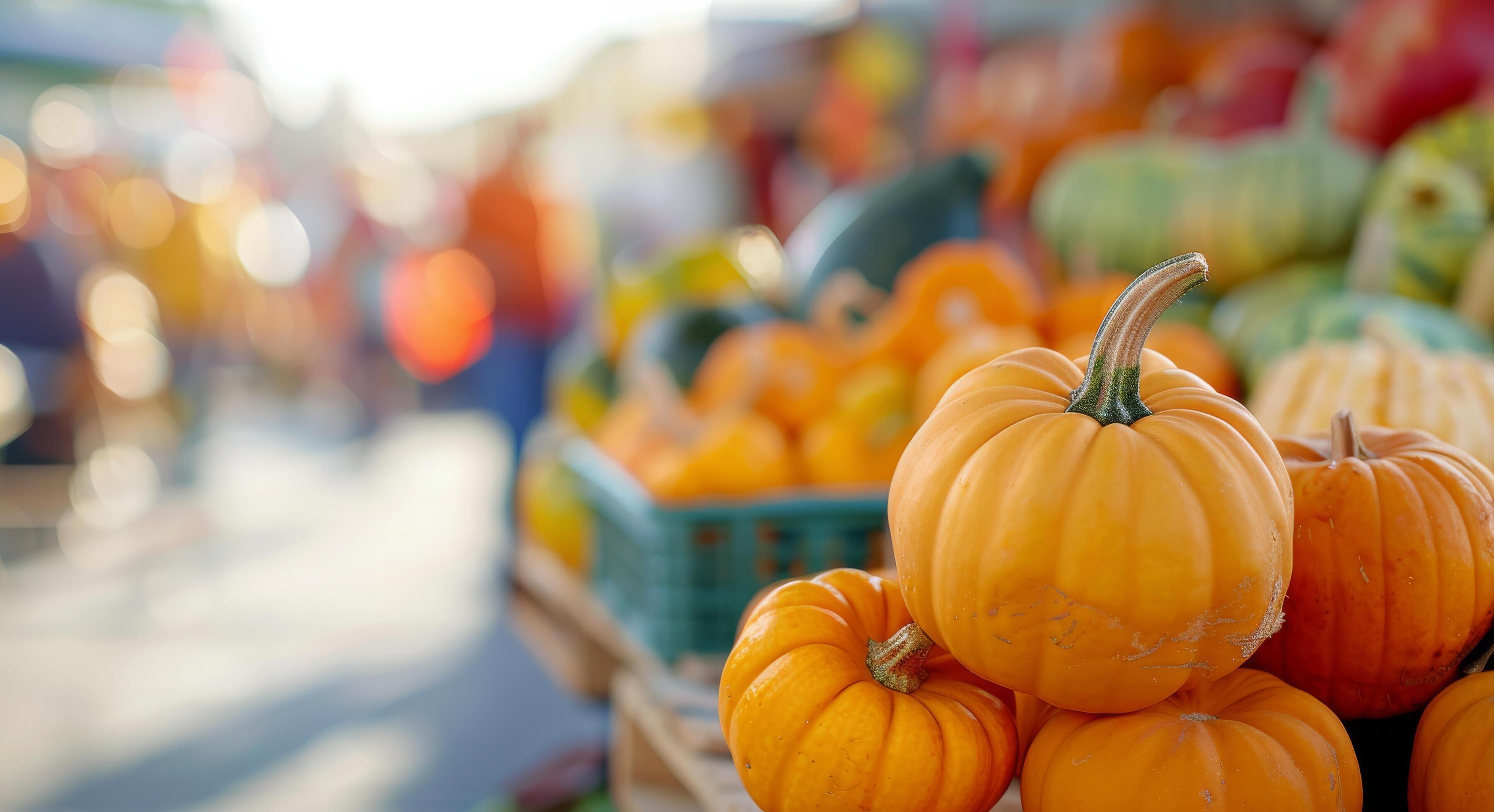 Fresh Pumpkins for Sale at a Vibrant Autumn Farmers Market During Sunset Stock Free