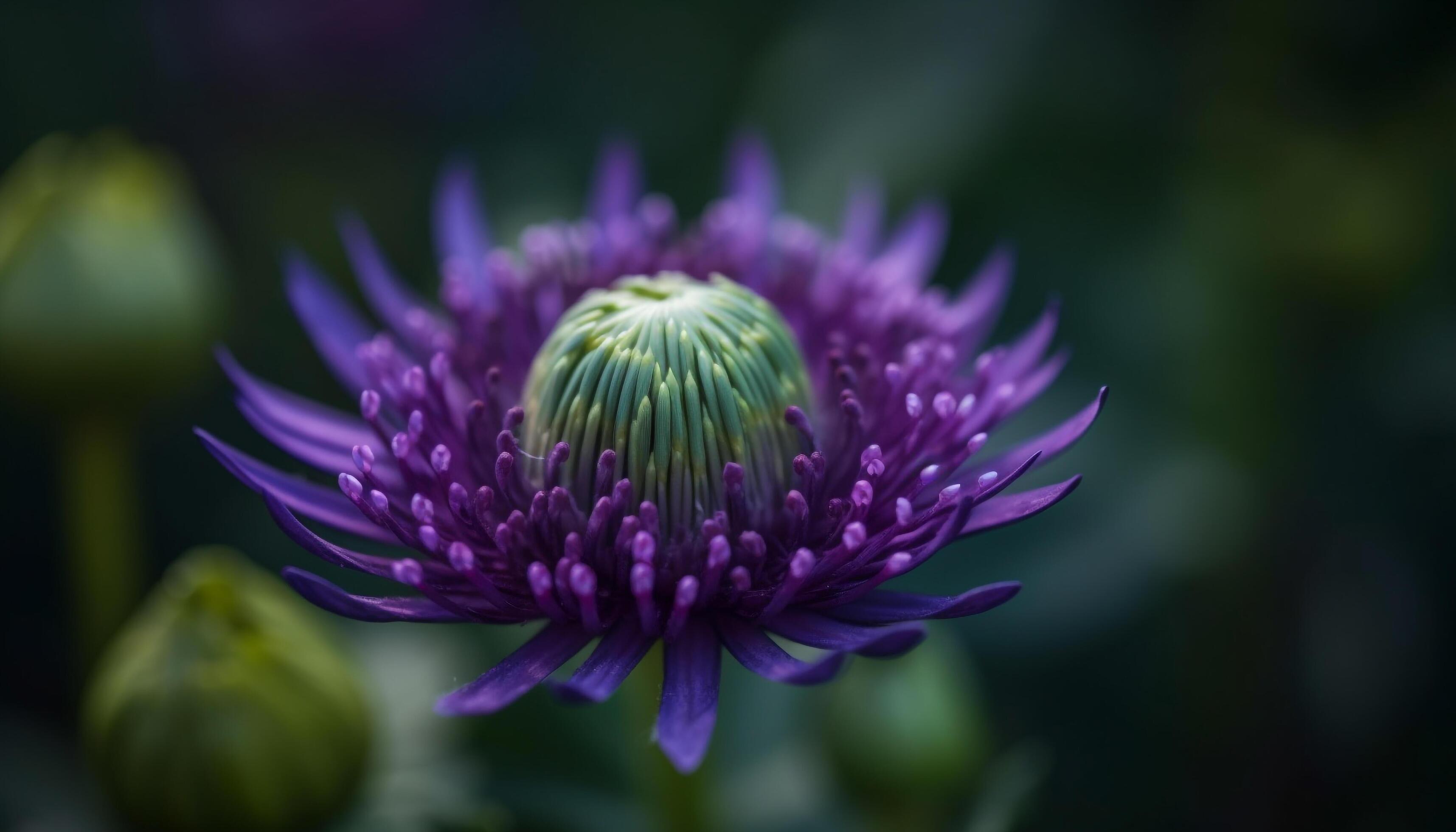 Single purple flower head with yellow pollen attracts bee pollination generated by AI Stock Free