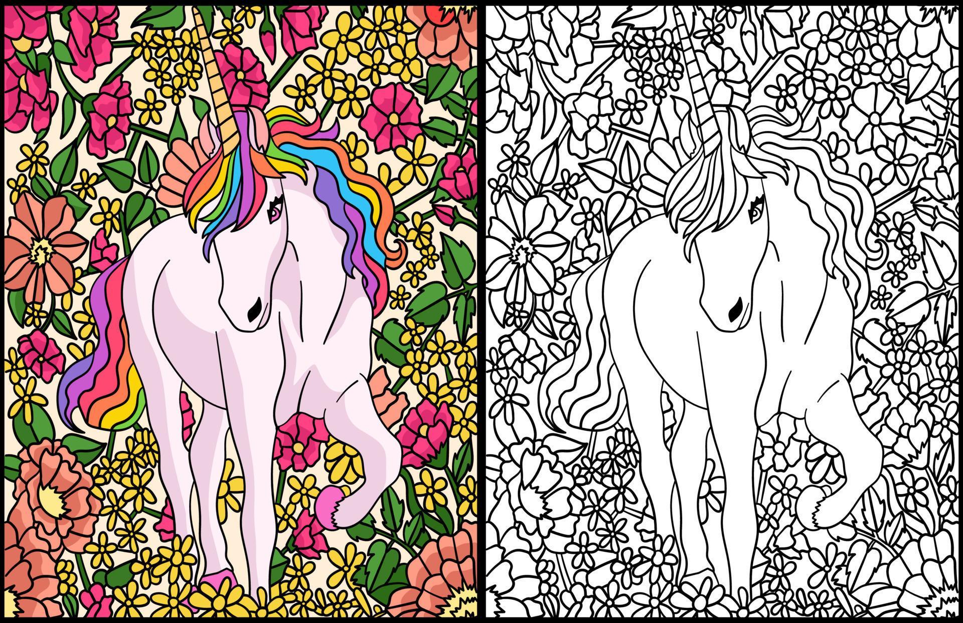Unicorn Flowers Coloring Page for Adults Colored Stock Free