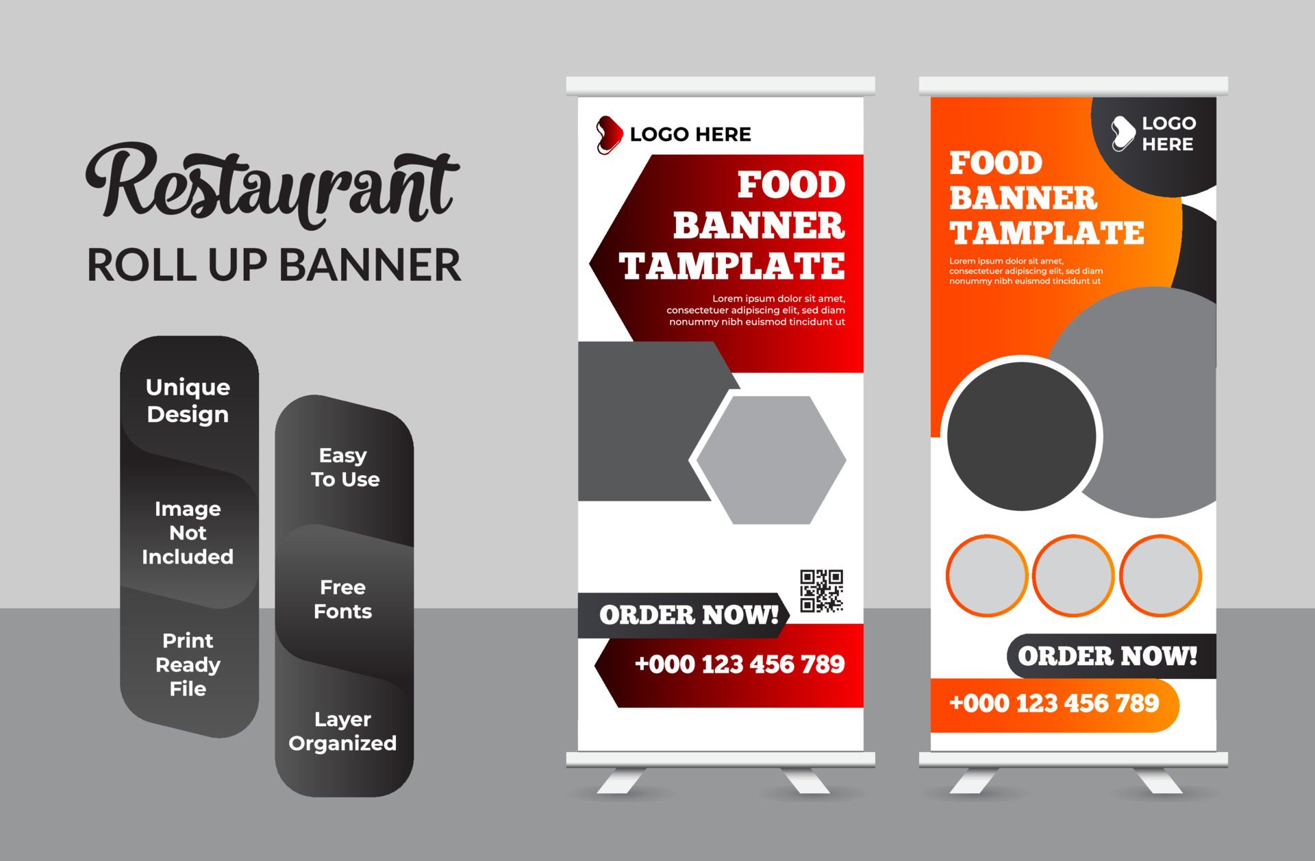 Creative Restaurant food Roll-up Banner Bundle Templates set Free Vector