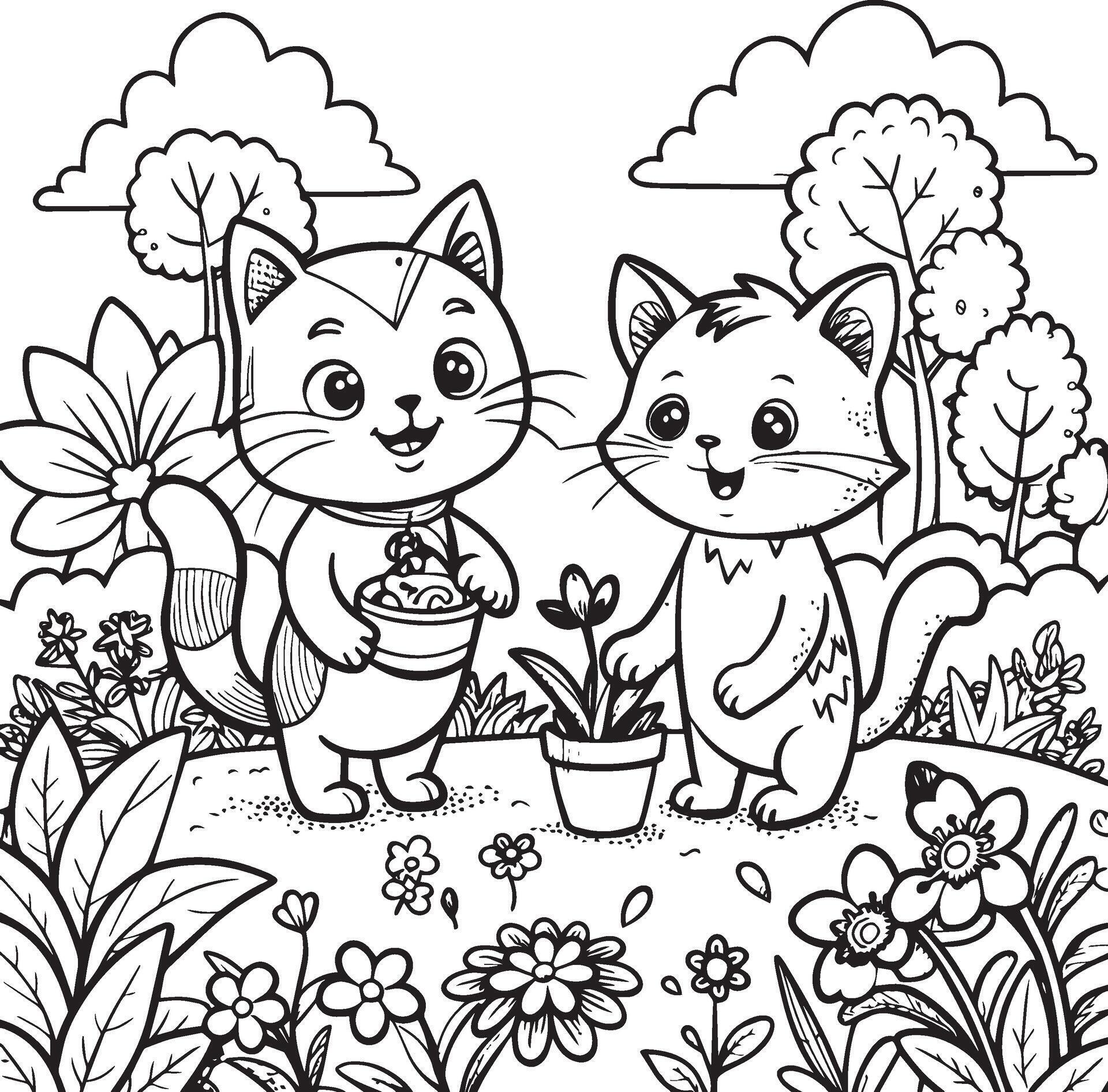 Coloring Page Outline Of cartoon 2 cat a with flowers. kid coloring page Stock Free