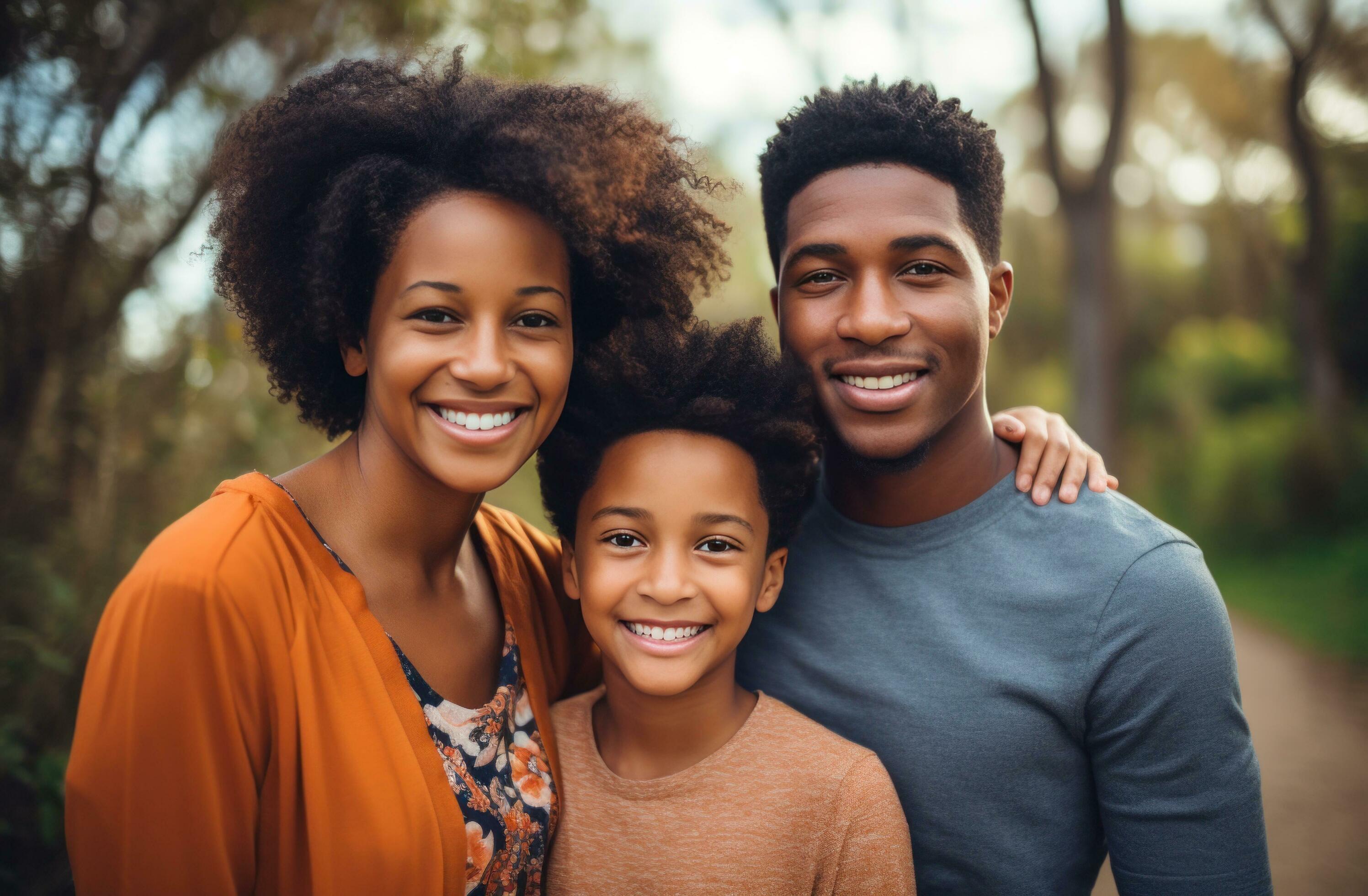 AI generated a black family poses outdoors enjoying the outdoors Stock Free