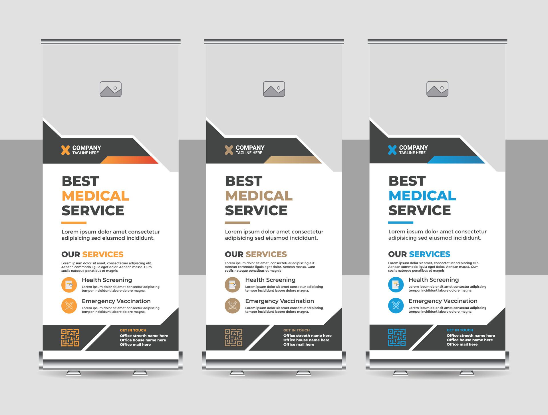 
									Professional health care and medical agency roll up design, standee banner template, Minimal x Banner, Pull up banner, Modern medical roll up banner Free Vector