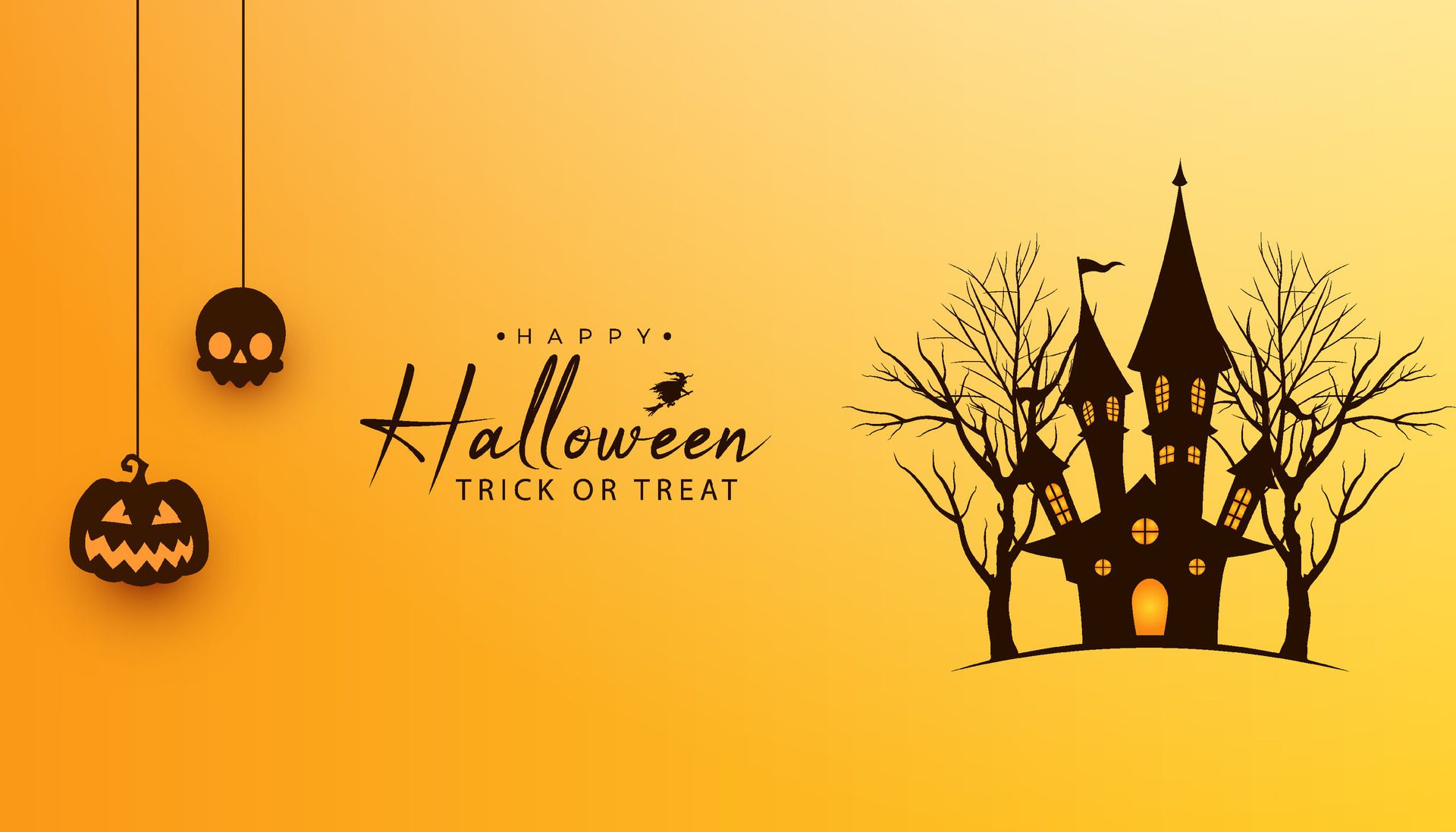 Halloween banner background with hanging halloween elements and Halloween house with dead trees Free Vector