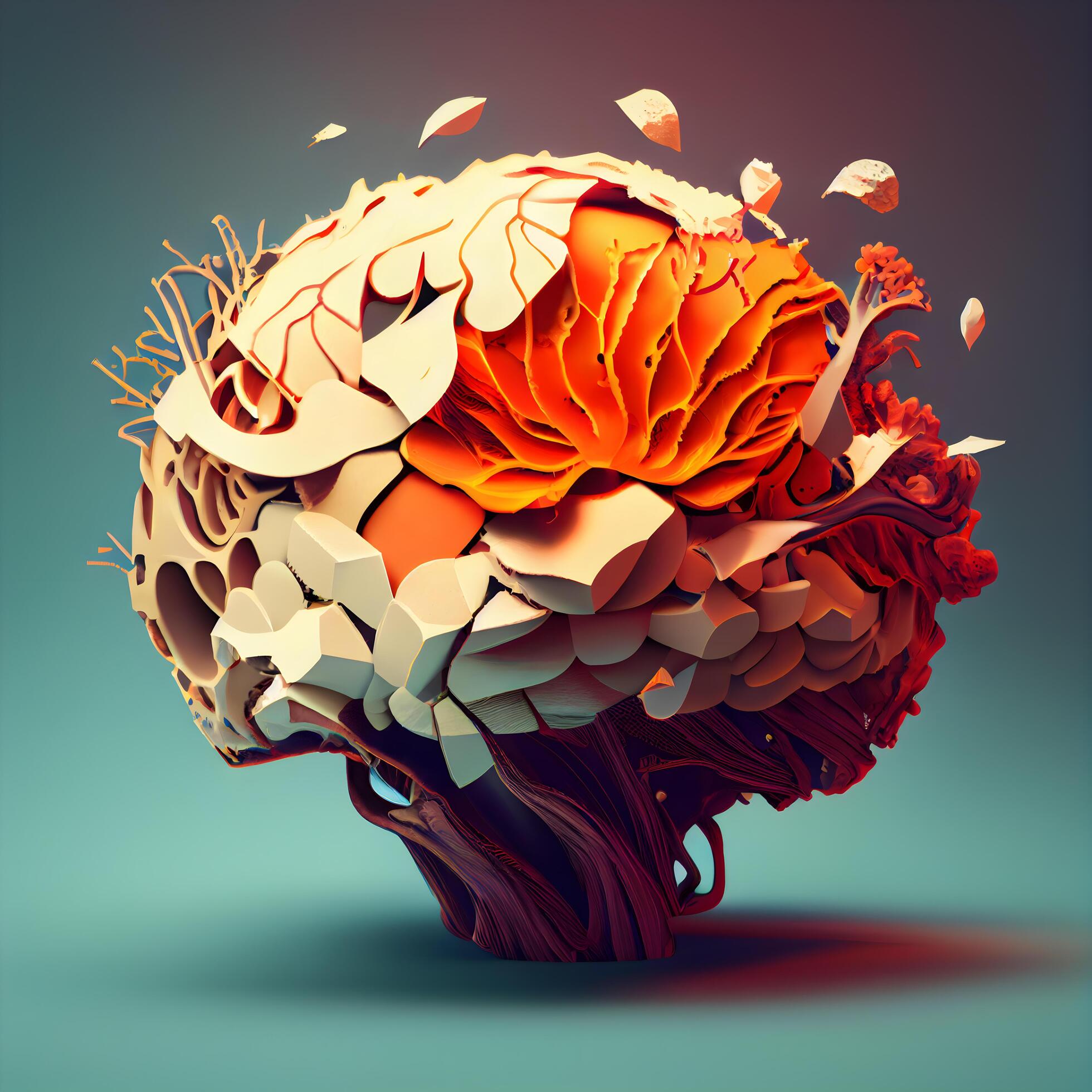 3d rendering of a brain made of red and orange flowers., Image Stock Free