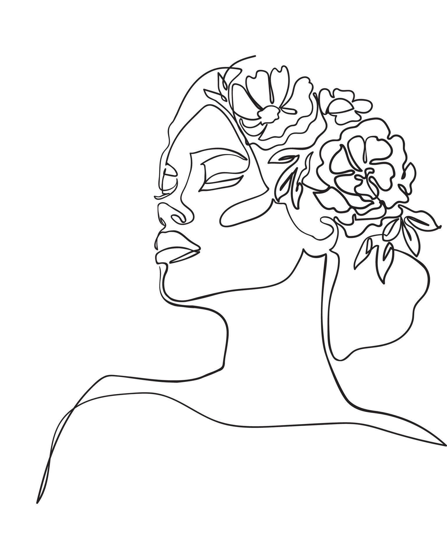 Flower head Feminine Illustration line drawing. Nature Organic Cosmetics Makeup. Line Art – Vector Illustration Stock Free