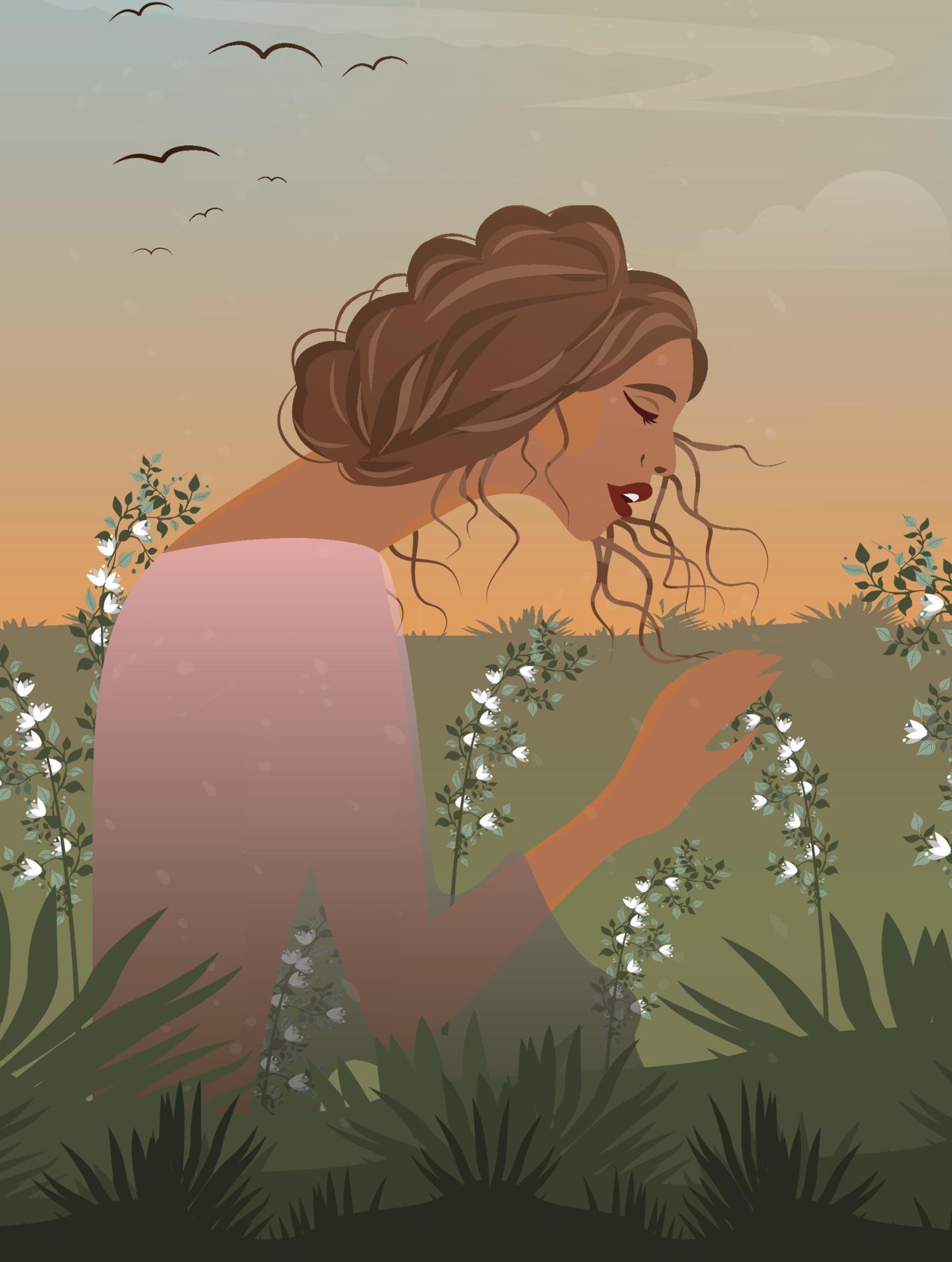 Digital illustration of a beautiful girl in a field with flowers nature spring autumn summer Stock Free