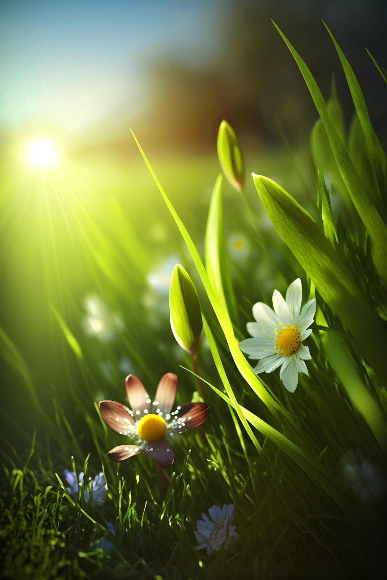 evening flowers and green grass created by technology Stock Free