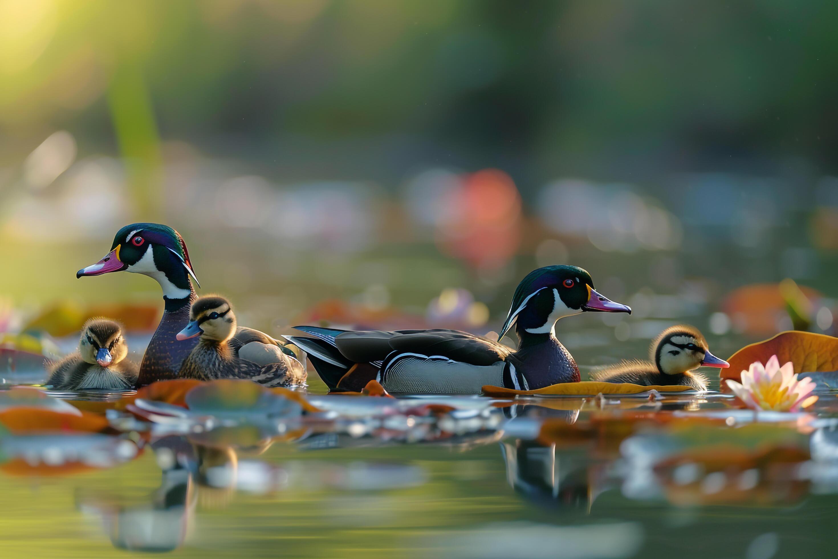 Wood Duck Family Swimming Among Lily Pads Background Nature Stock Free