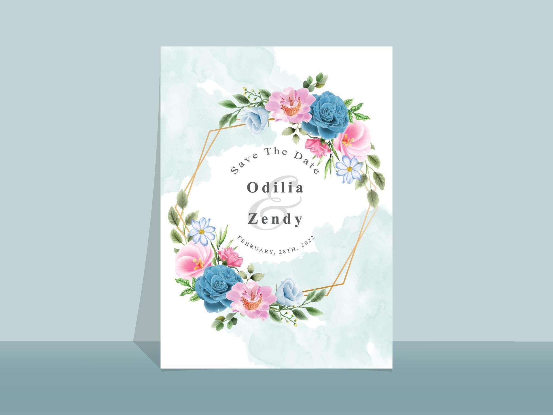 Beautiful blue and pink flowers wedding invitation card Stock Free