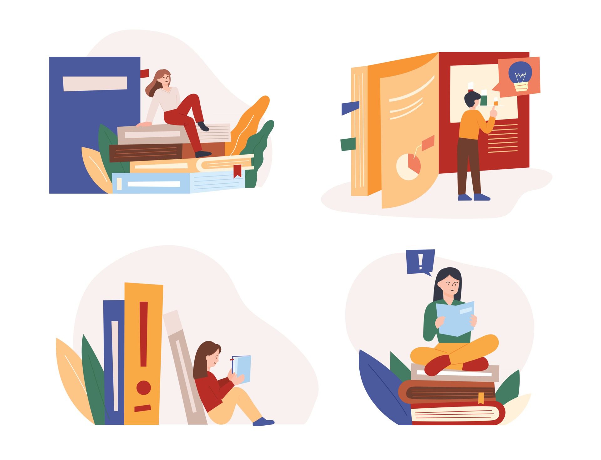 People are reading huge books piled up. flat design style minimal vector illustration. Free Vector