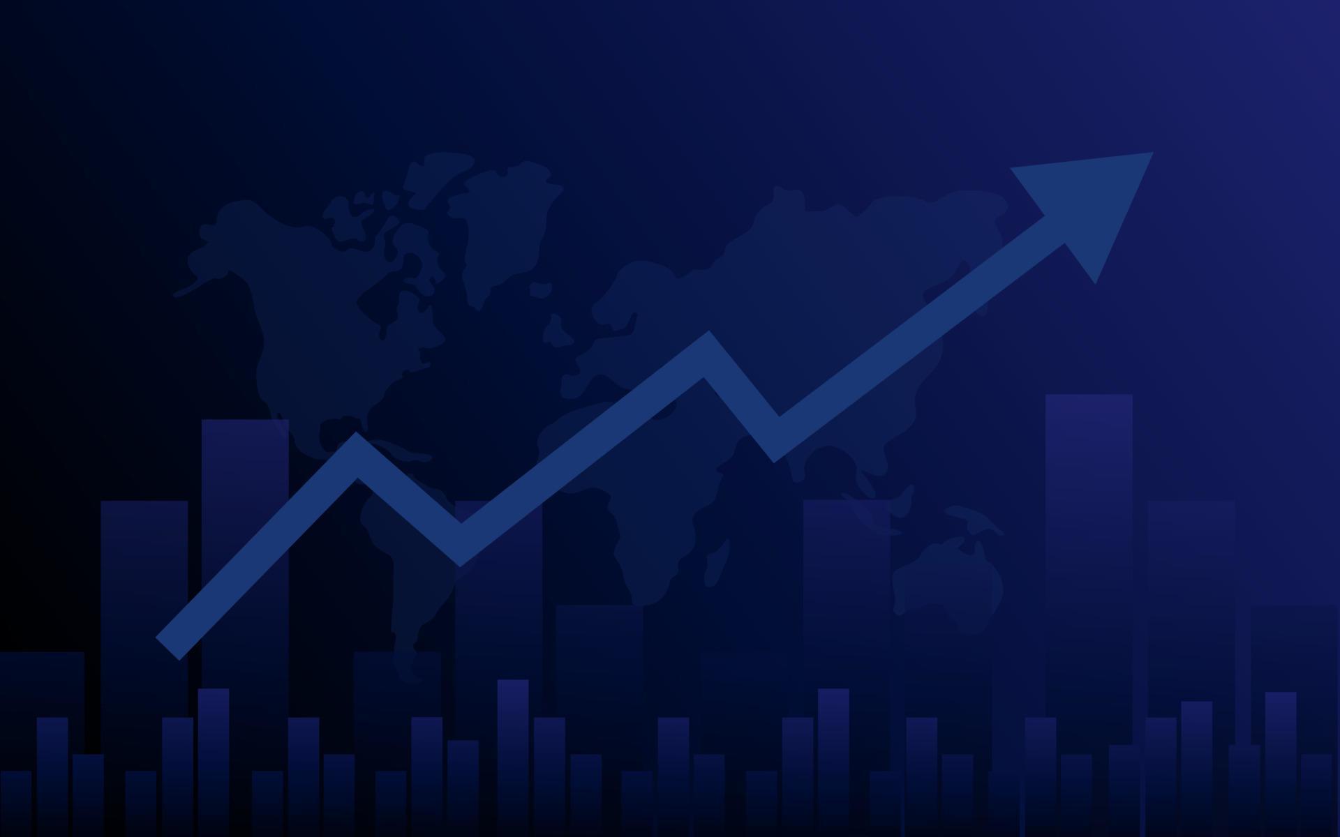 Graph chart with moving up arrow stock market financial investment diagram on blue background Stock Free