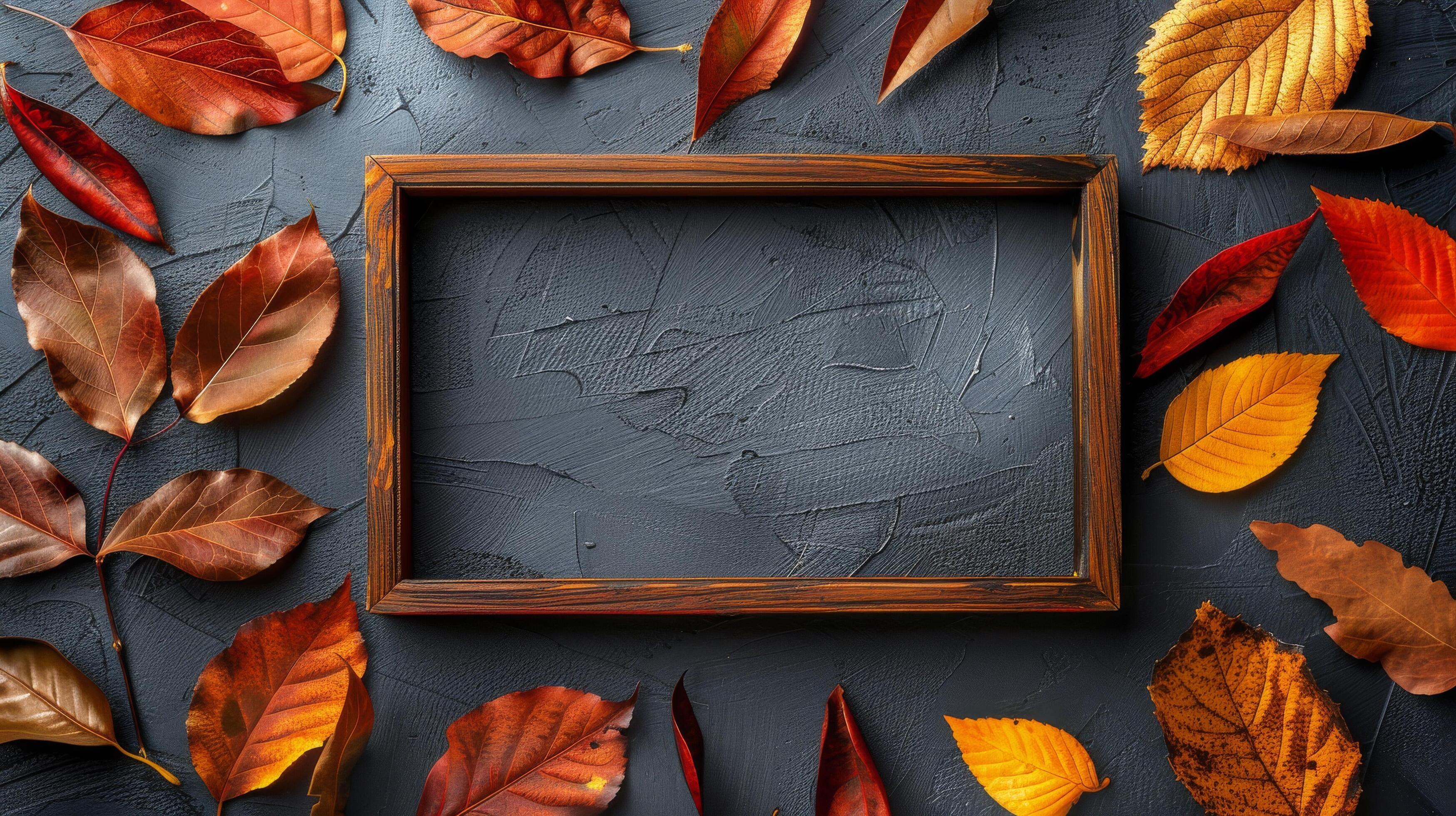 Autumn Leaves Frame on Orange Background Stock Free