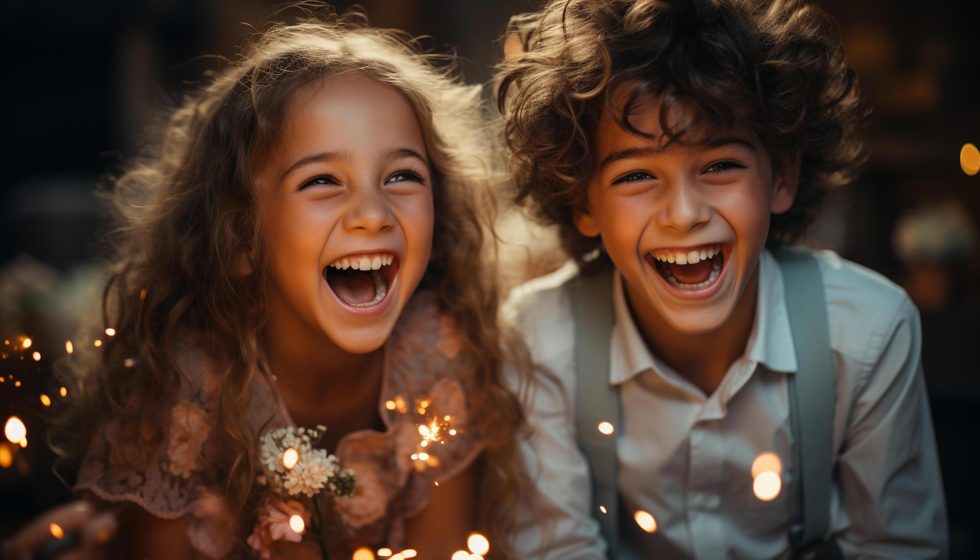 AI generated Smiling children playing, laughing, enjoying summer, creating joyful family memories generated by AI Stock Free