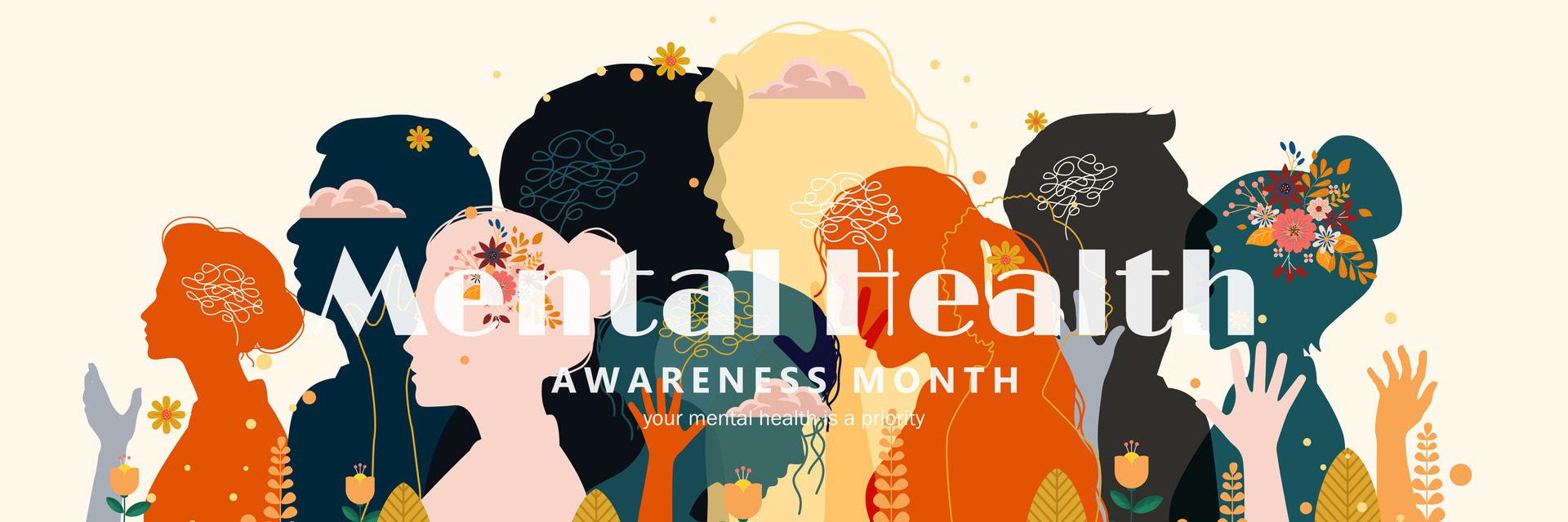 Mental Health Awareness Month banner with people silhouette Free Vector