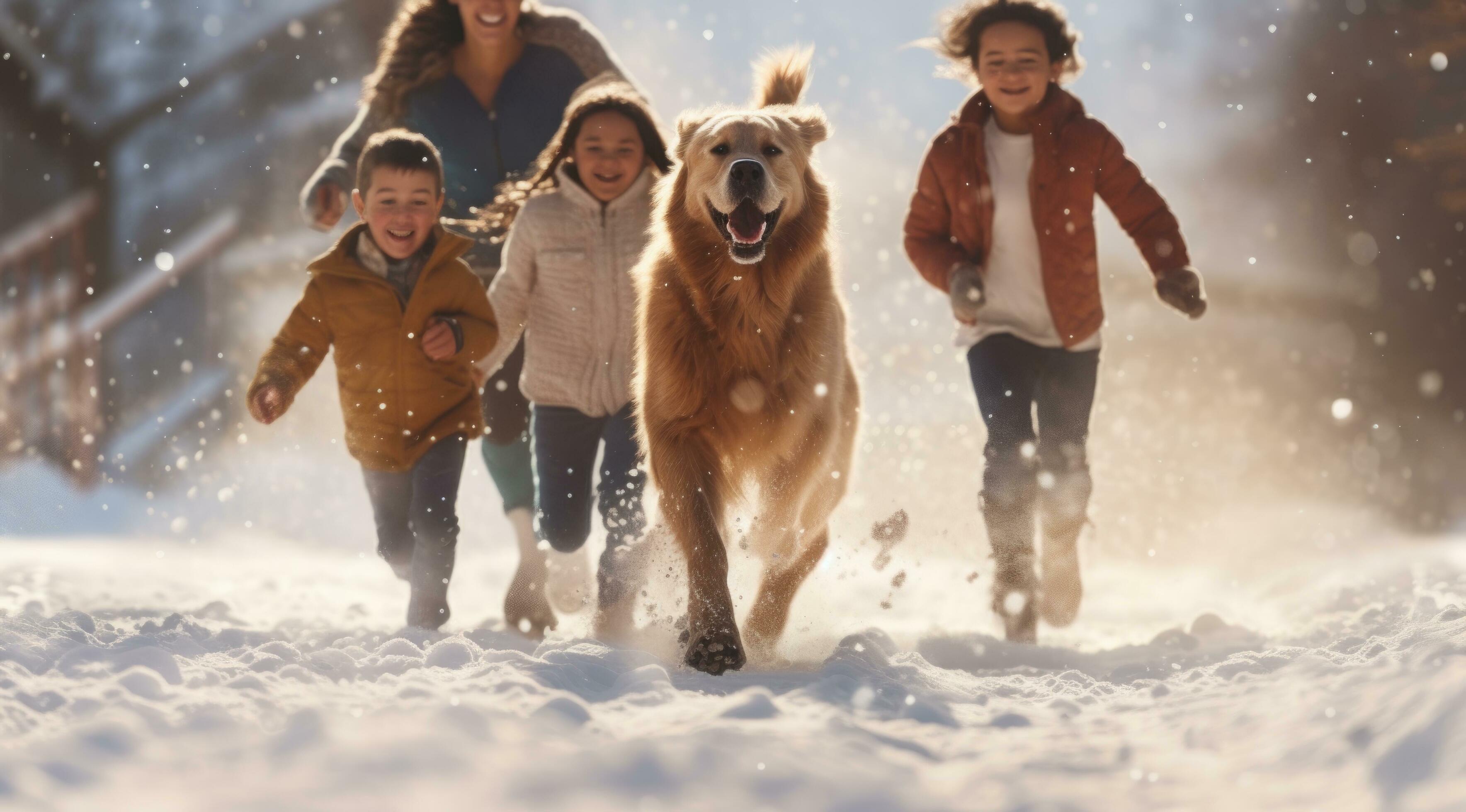 AI generated family and dogs running through the snow Stock Free