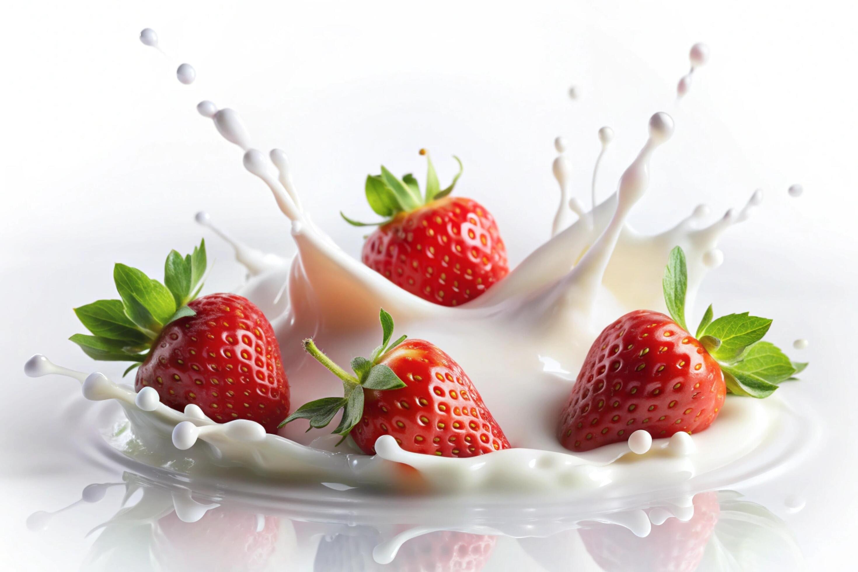 Milk splashes with strawberry on white background Stock Free