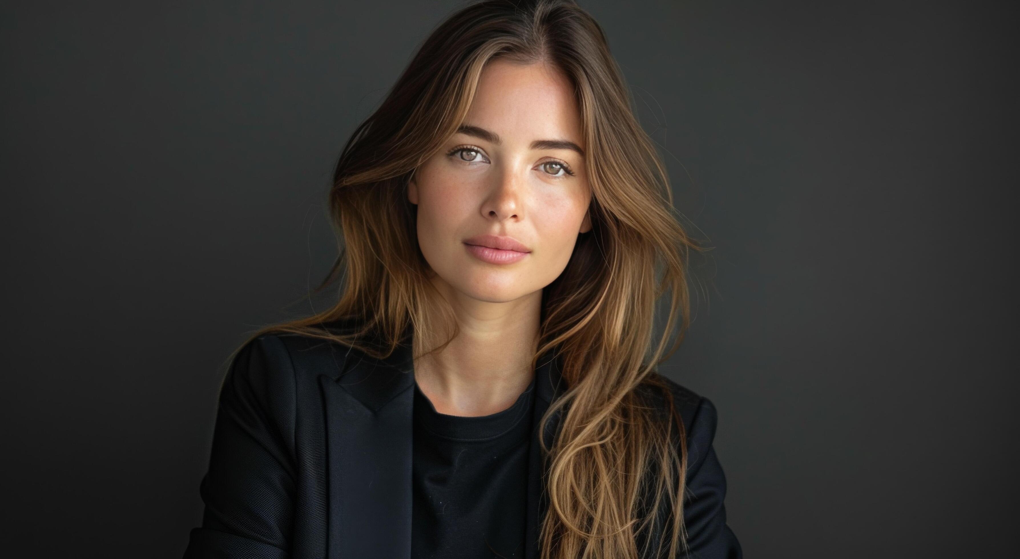 Portrait of a Woman With Long Brown Hair Wearing a Black Blazer Against a Dark Background Stock Free